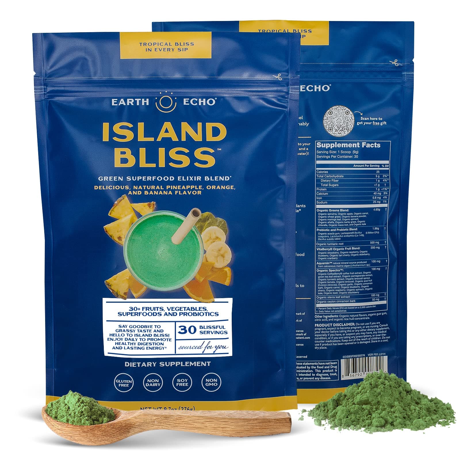 Earth Echo Island Bliss - Green Superfood Energy Drink Powder - 30 Servings - Delicious Tropical Smoothie Mix with Digestive Probiotics for Gut Performance and Immunity Boost Support - No Gluten