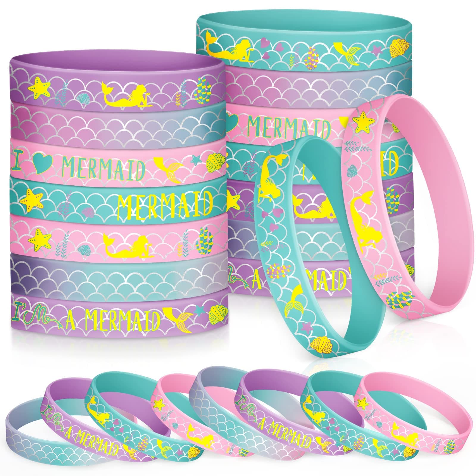 Zomiboo 24 Pack Mermaid Silicone Wristband Birthday Bracelets Mermaid Party Favors for Boys Girls Birthday Party Under The Sea Themed Baby Shower Supplies Classroom Gift Exchange School Games Prizes