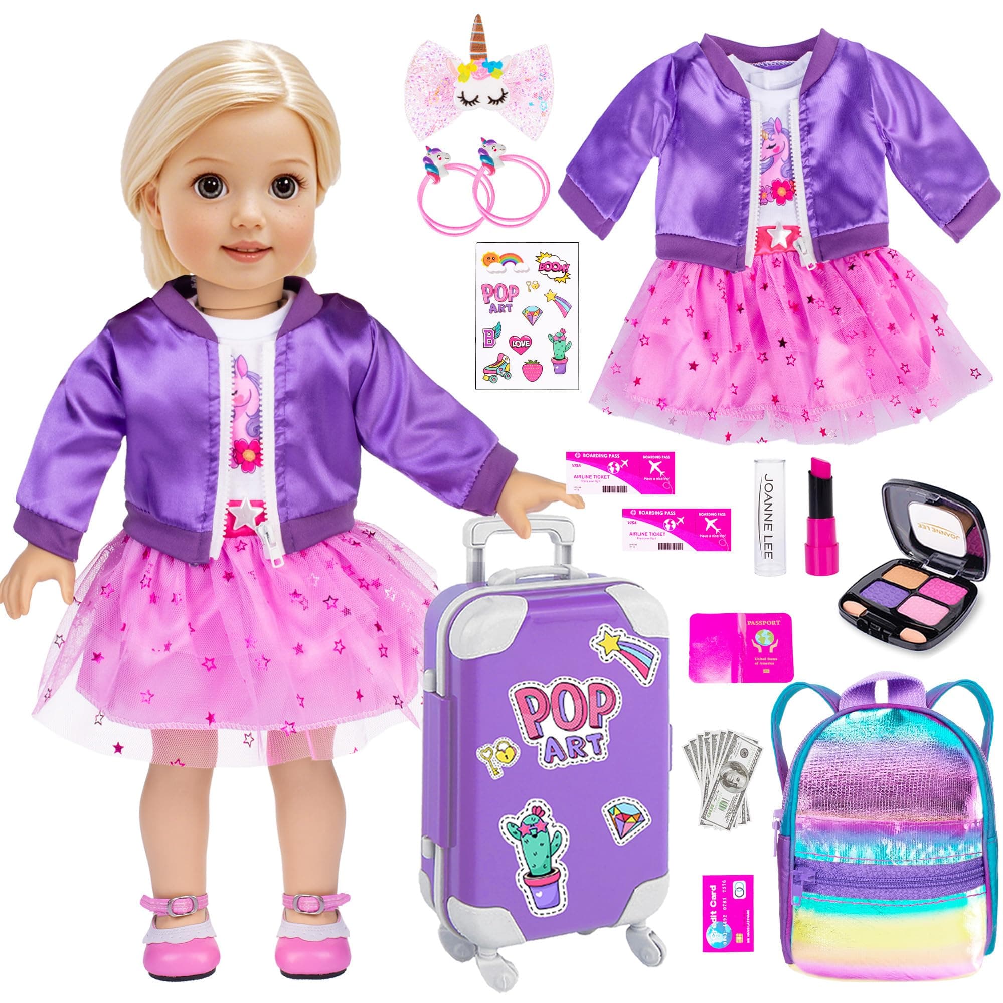 ebuddy 24pcs American 18 inch Travel Suitcase Doll Clothes and Accessories Set Includes Coat Dress Backpack Sticker Cash Toys (No Doll)