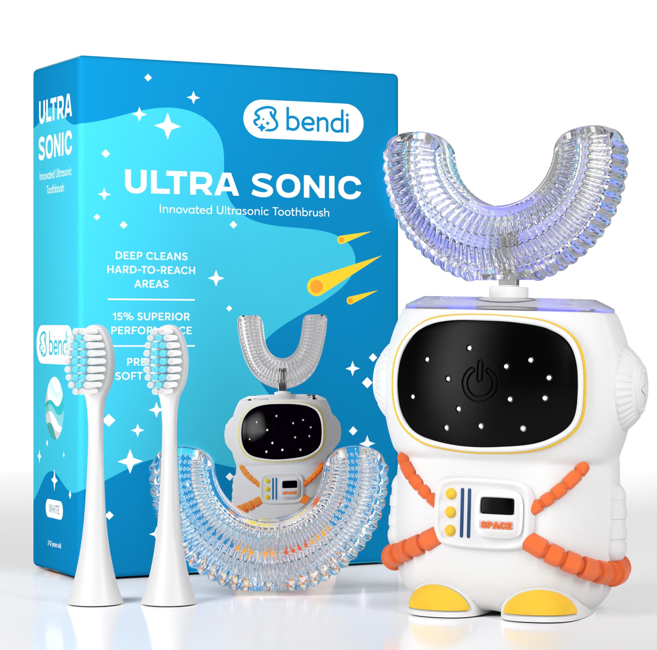 Sensory 360 Round U-Shaped Astronaut Design Mouthguard Electric Toothbrush for Kids Ages 2-7 - Automatic Memory Function - 5 Modes Toothbrush with Multiple Heads – Kids Travel Essentials (White)