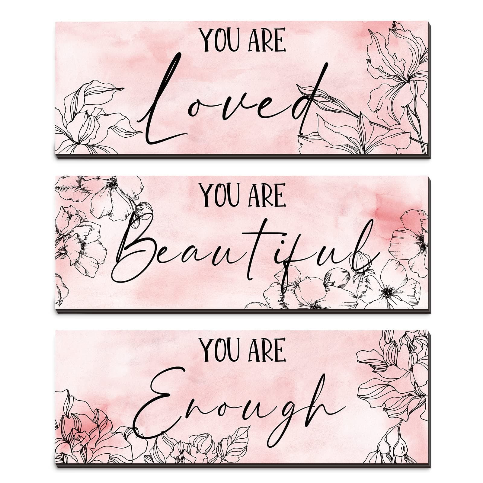 Yookeer 3 Pcs Floral Wooden Hanging Wall Art Inspirational Quotes You Are Beautiful Room Picture Decor Thank you Birthday Women Gift Teacher Assistant(4 x 11 Inch,Pink)