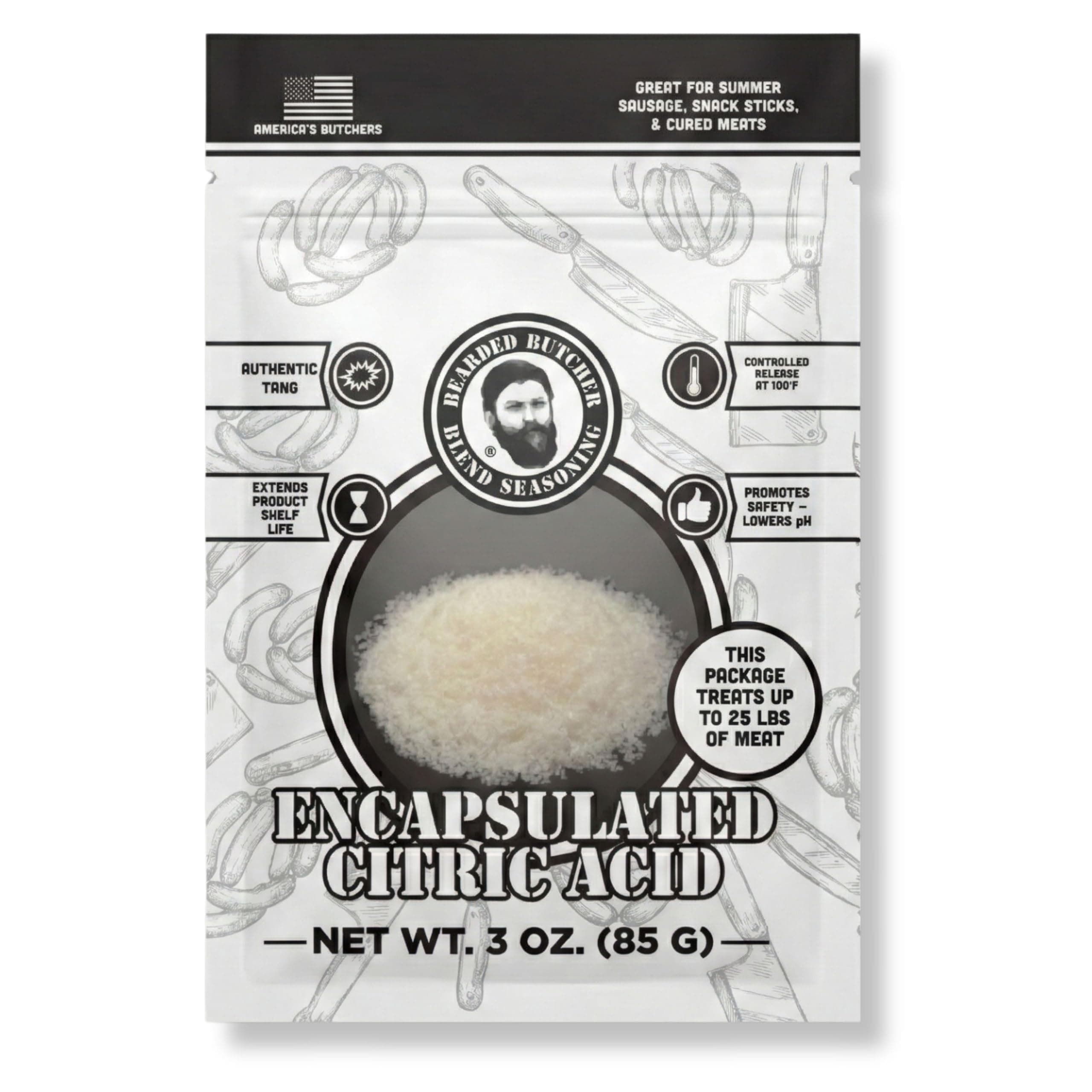 Bearded Butchers Encapsulated Citric Acid 60%, Non-GMO, 3 oz - Sausage Tang Flavor, Ideal for Meat Processing, Summer Sausage, Beef Sticks, Jerky, and More! Conveniently Portioned for 25 lbs of Meat