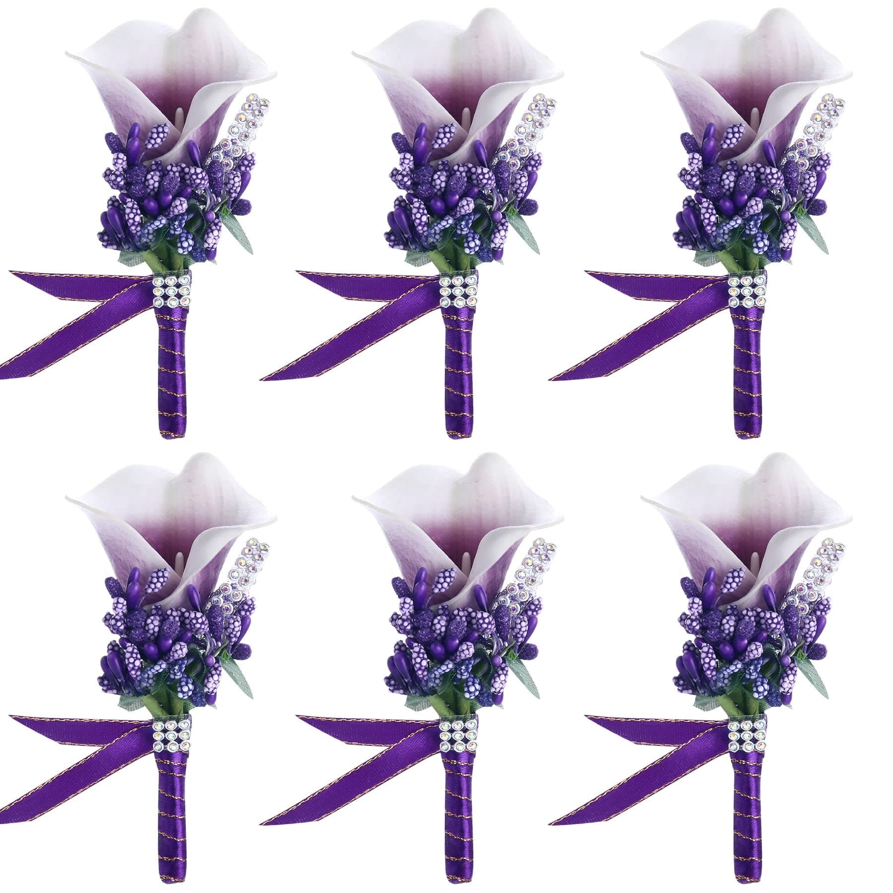 Calla Lily Boutonniere Men Wedding with Pins Set of 6, Handmade Picasso Calla Lily Groom Groomsman Boutonniere for Wedding Ceremony Anniversary (Purple)
