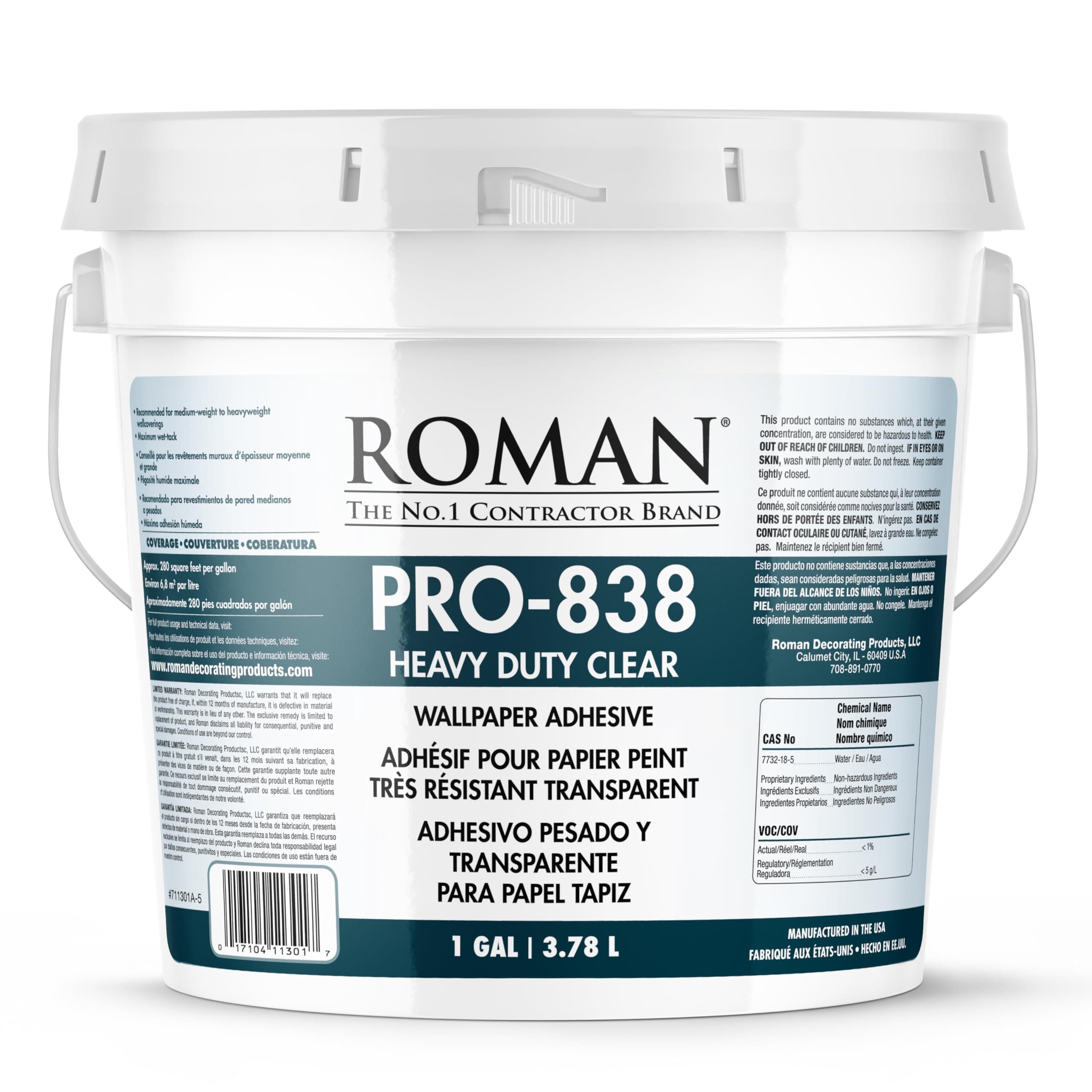 ROMAN Heavy Duty Clear Wallpaper Adhesive, Non-staining, Clear, PRO-838, (1 Gallon - 280 sq. ft.)