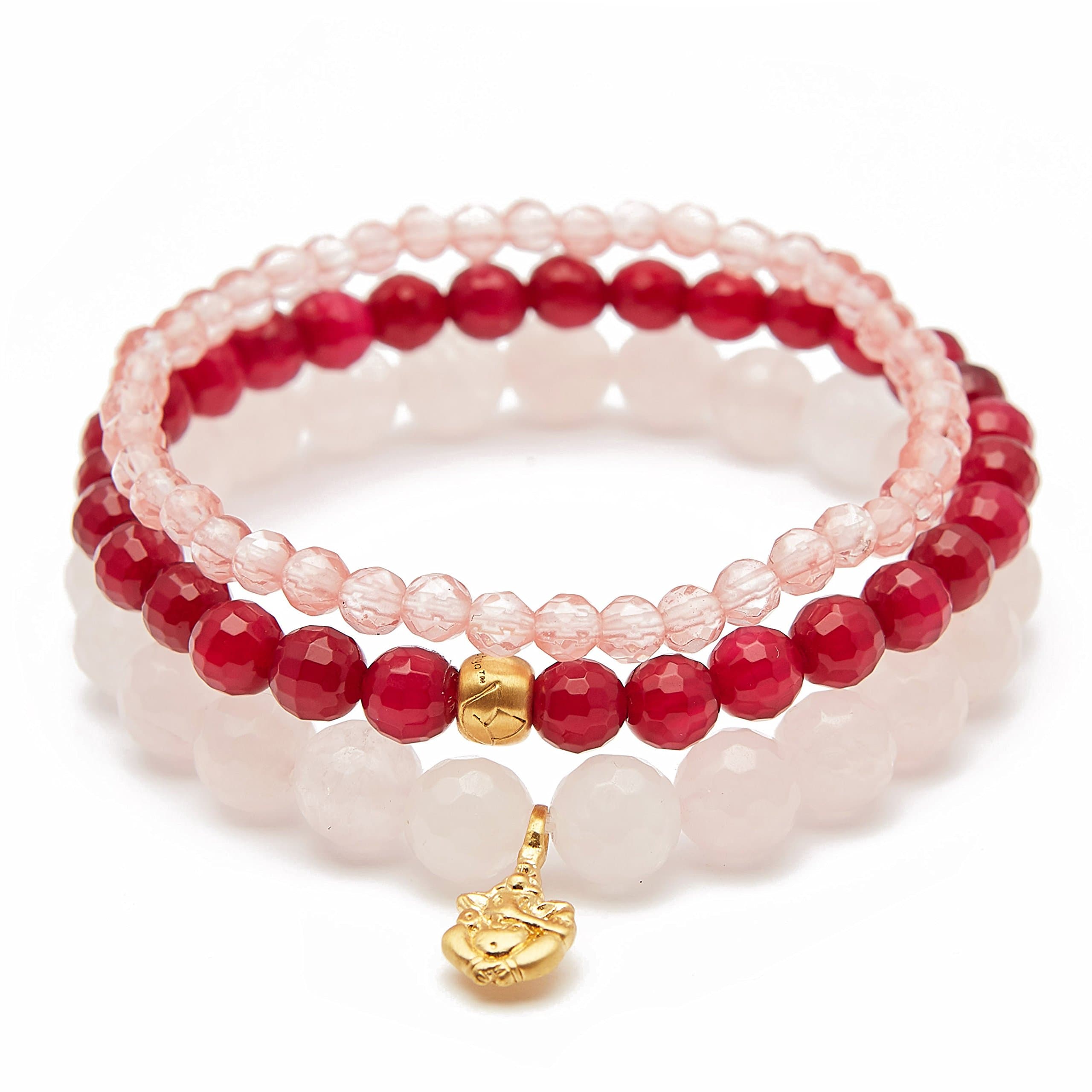 Satya Jewelry Women's Rose Quartz Fuchsia Agate Cherry Quartz Gold Ganesha Lotus Stretch Bracelet Set, One Size