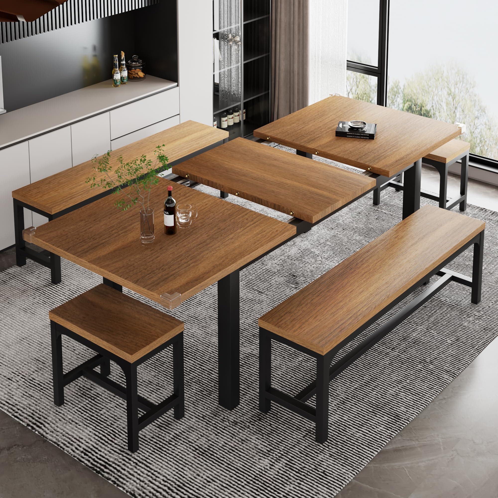iPormis 5-Piece Dining Table Set for 4-8 People, Extendable Kitchen Table Set with 2 Benches and 2 Square Stools, Mid-Century Dining Room Table with Metal Frame & MDF Board, Saving Space, Walnut