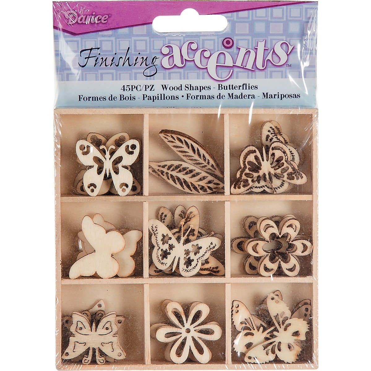 Finishing Accents 45 Piece Butterfly Theme Mini Laser Cuts Wood Shapes, Multicolor