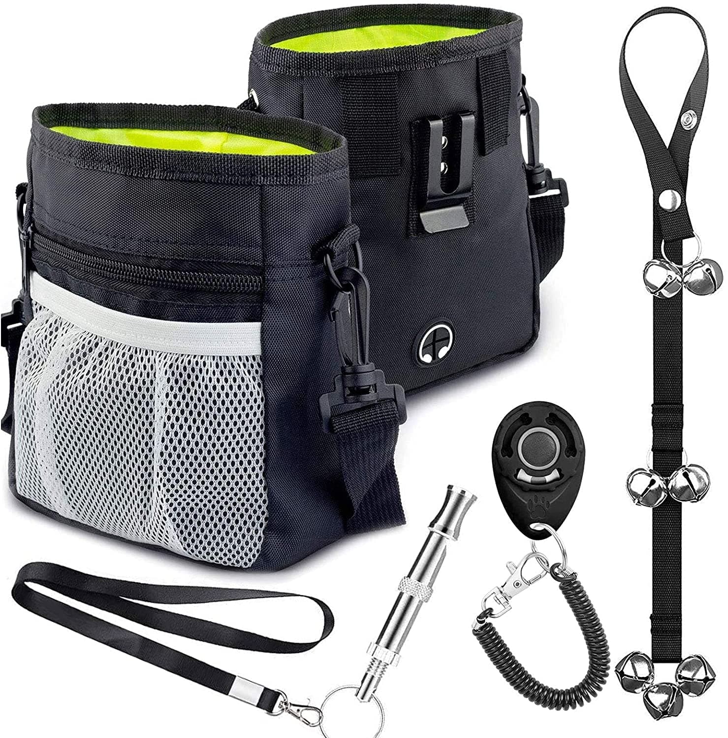 Newthinking Dog Walking Treat Bag, Dog Treat Pouch with Adjustable Waist Belt, Dog Walking Treat Accessories Including Dog Clicker, Whistle and Pet Doorbell, Black