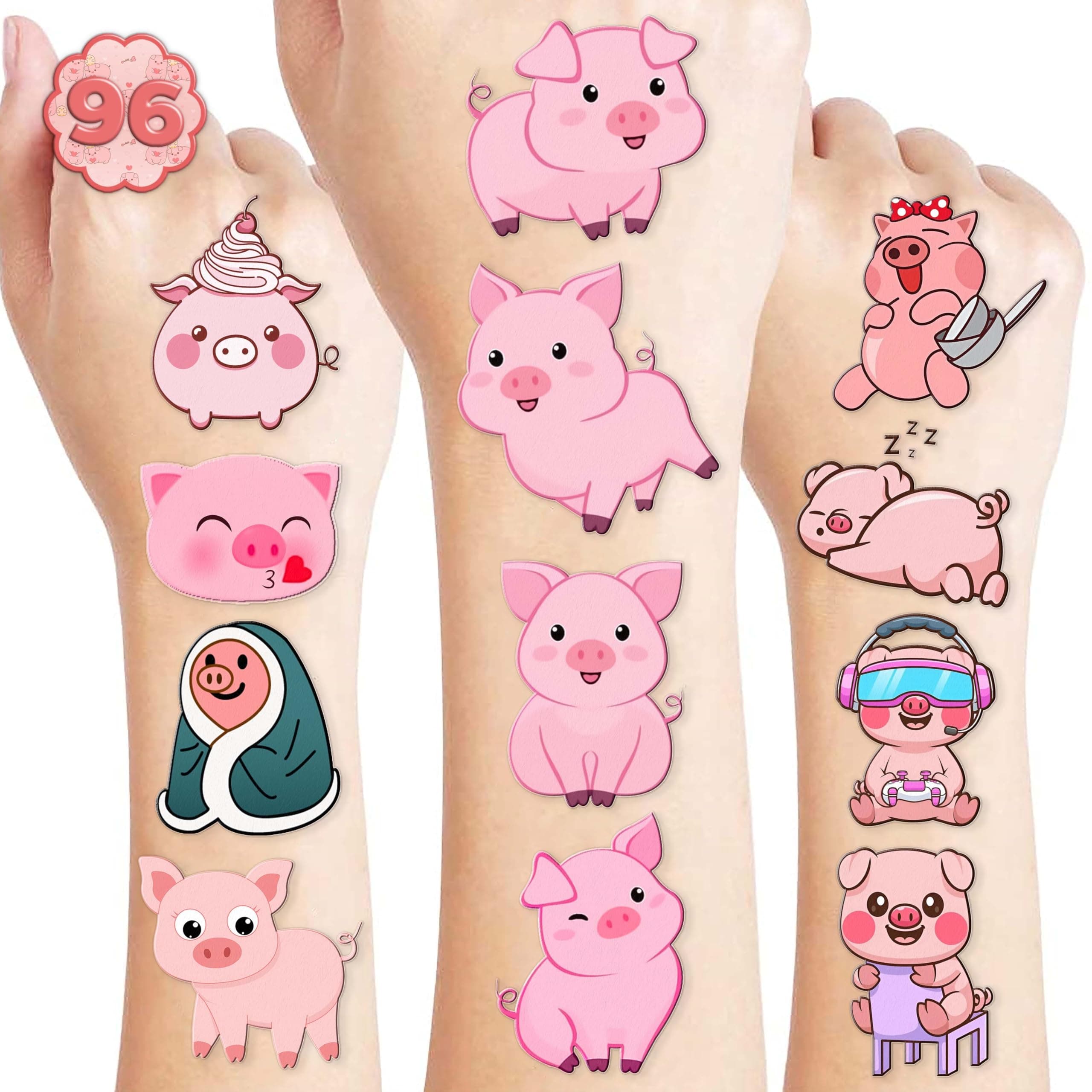96PCS Cute Pig Pre-Cut Temporary Tattoos Themed Barnyard Birthday Party Decorations Supplies Favors Decor Funny Pink Little Piggy Farm Animals Tattoo Stickers Gifts For Kids Boys Girls School Carnival