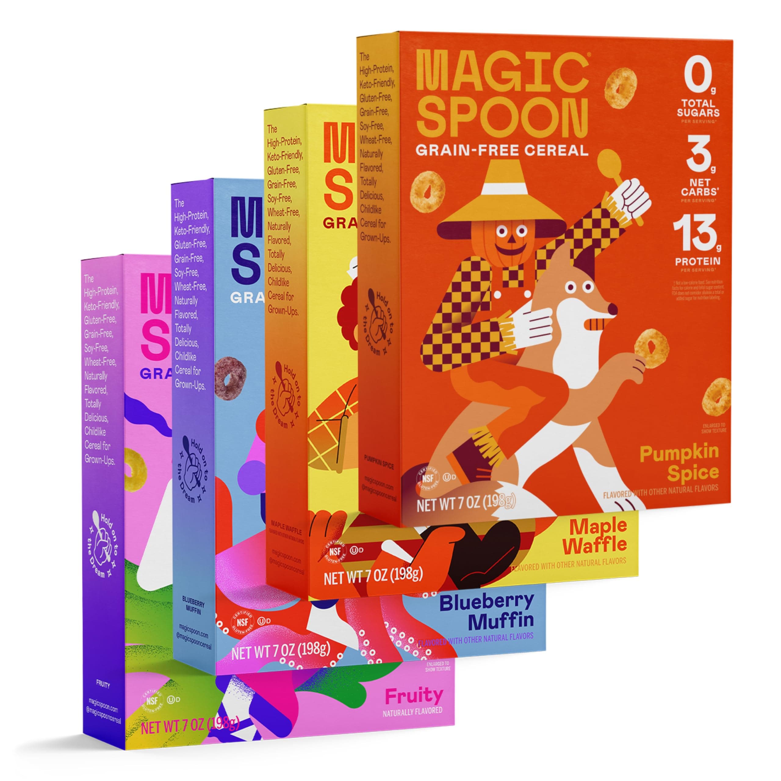 Magic Spoon Cereal - Pumpkin Spice, Maple, Waffle, Fruity, Blueberry 4-Pack of Cereal and Spoon - Keto & Low Carb Lifestyles, Gluten & Grain Free, High Protein, 0g Sugar