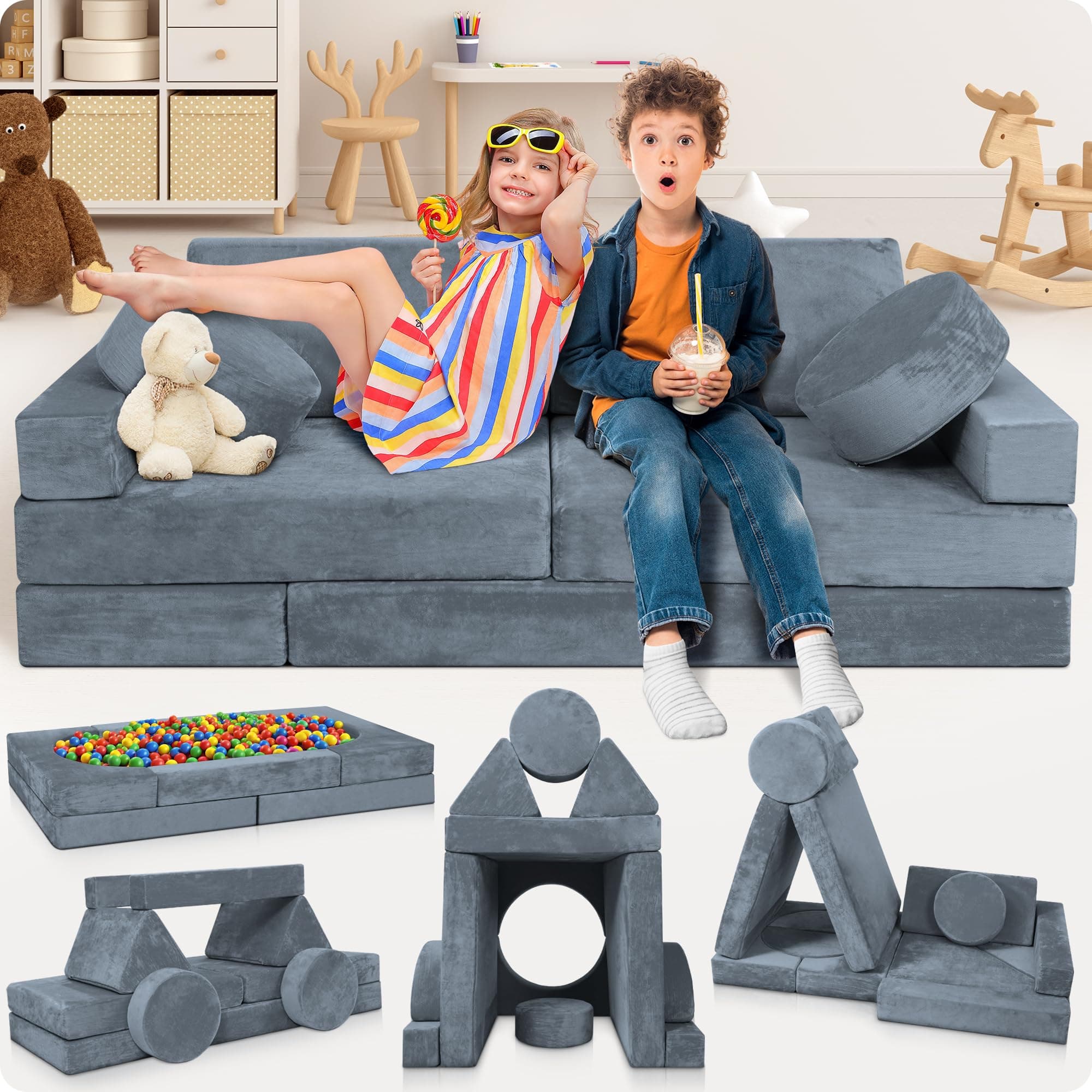 Lunix LX15 14pcs Modular Kids Play Couch, Child Sectional Sofa, Fortplay Bedroom and Playroom Furniture for Toddlers, Convertible Foam and Floor Cushion for Boys and Girls, Gray