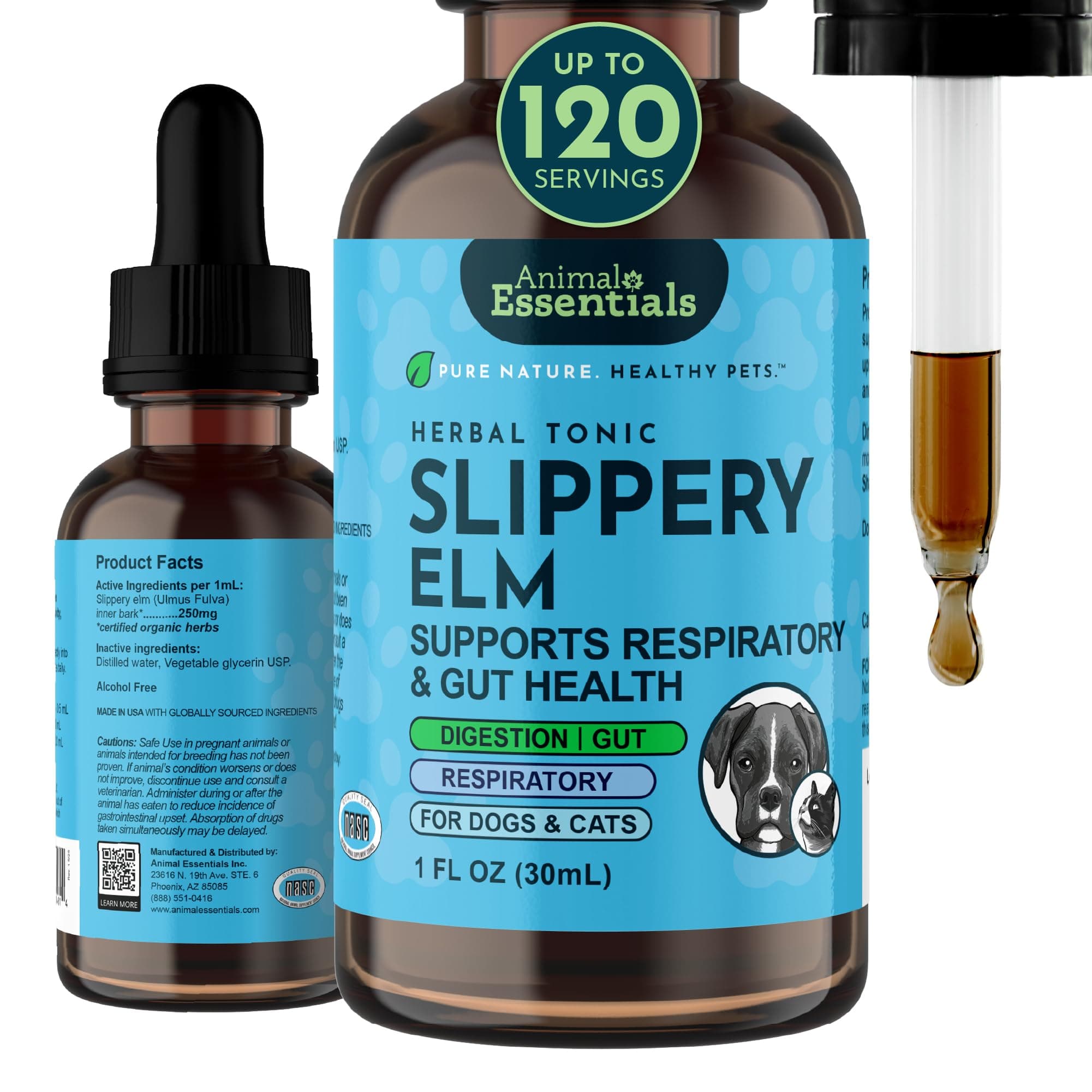 Animal Essentials Slippery Elm - Herbal Extract for Dogs and Cats, Promotes Healthy Digestion, Bowel Function, Certified Organic Herbs, All Natural, Respiratory Health, Liquid Formula - 1 Fl Oz