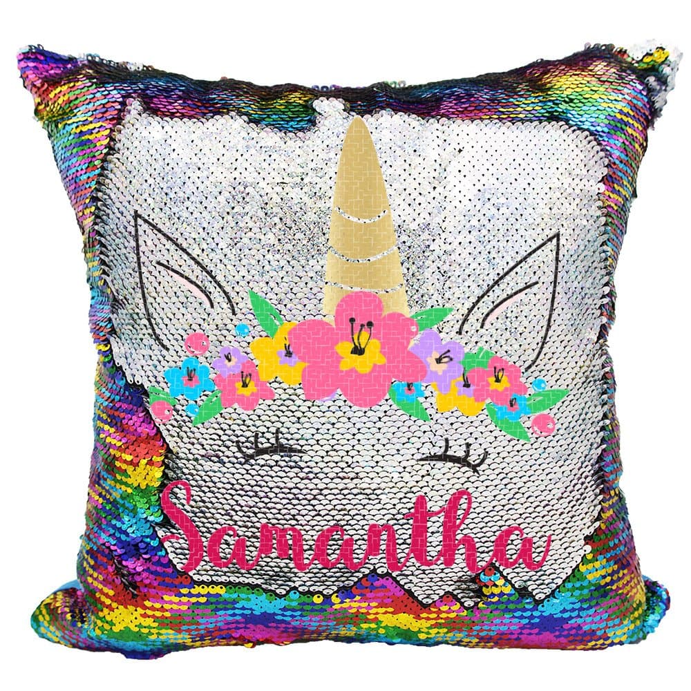 Personalized Mermaid Reversible Sequin Pillow, Custom Unicorn Sequin Pillow (Rainbow/Silver)