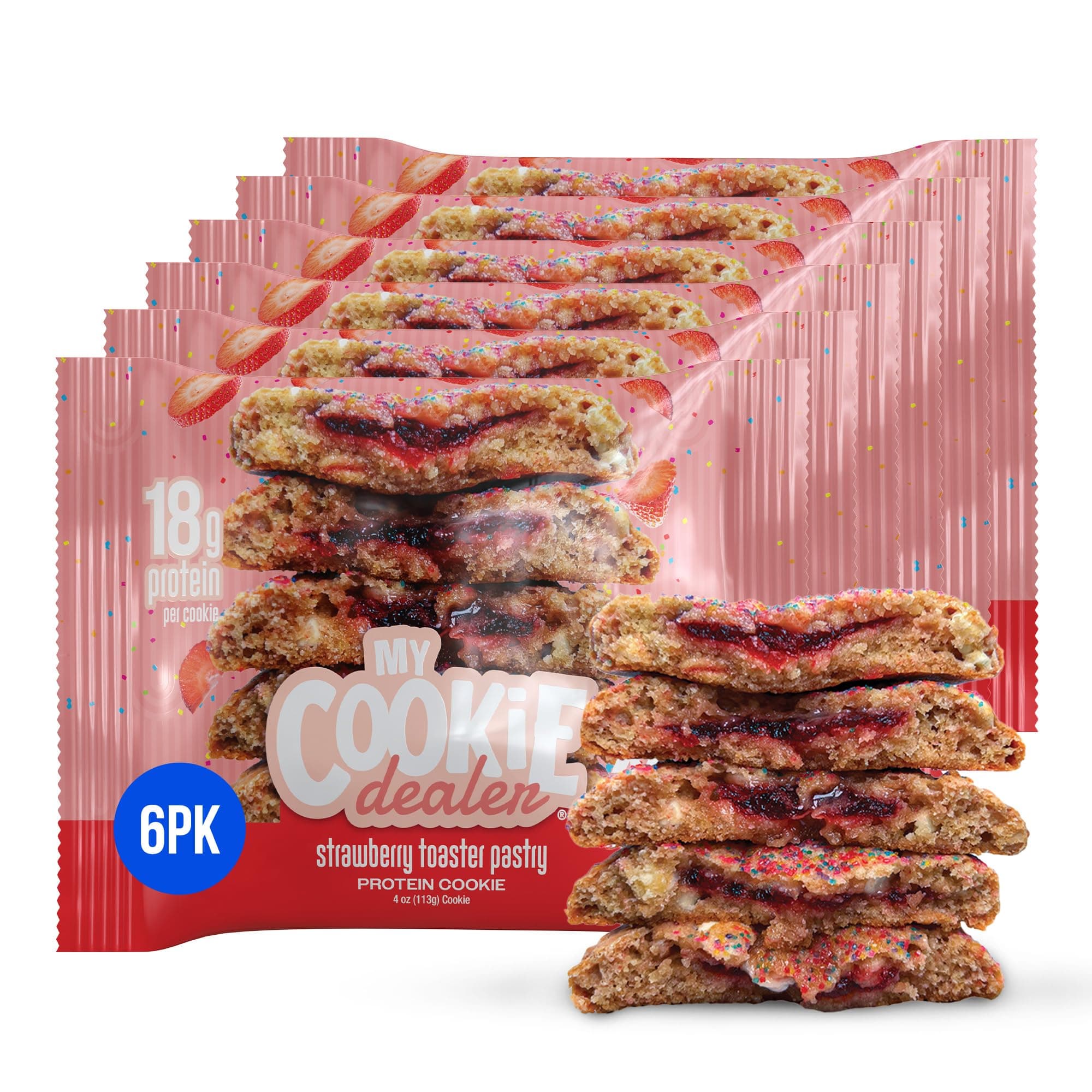 My Cookie Dealer Protein Cookies, Strawberry Toaster Pastry (4oz, Pack of 6) - 18g Protein per Cookie - Individually Wrapped Workout Snacks for On-The-Go Travel