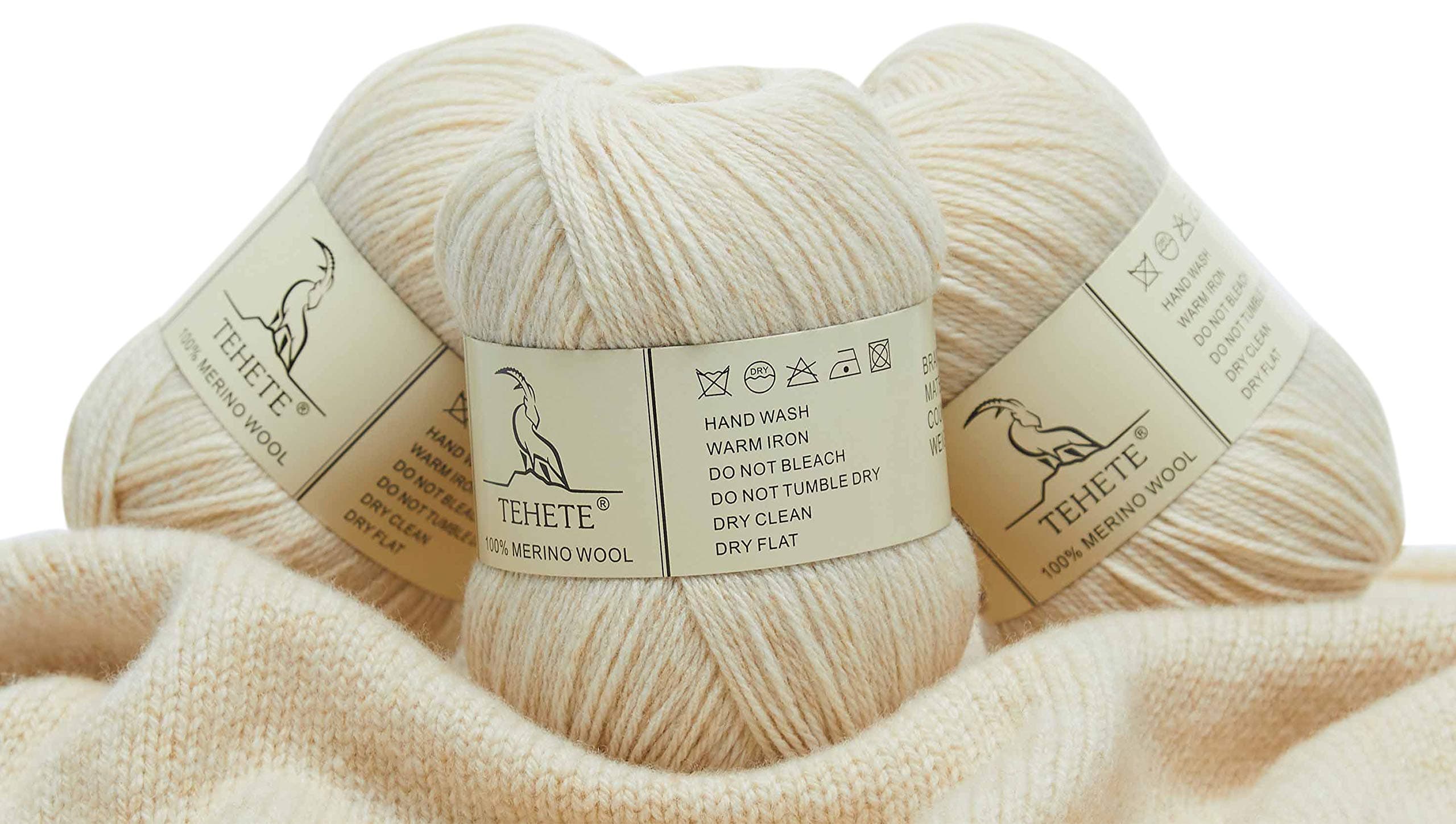 TEHETE 100% Merino Wool Yarn for Knitting 3-Ply Luxury Warm Soft Lightweight Blue Crochet Yarn (Beige)