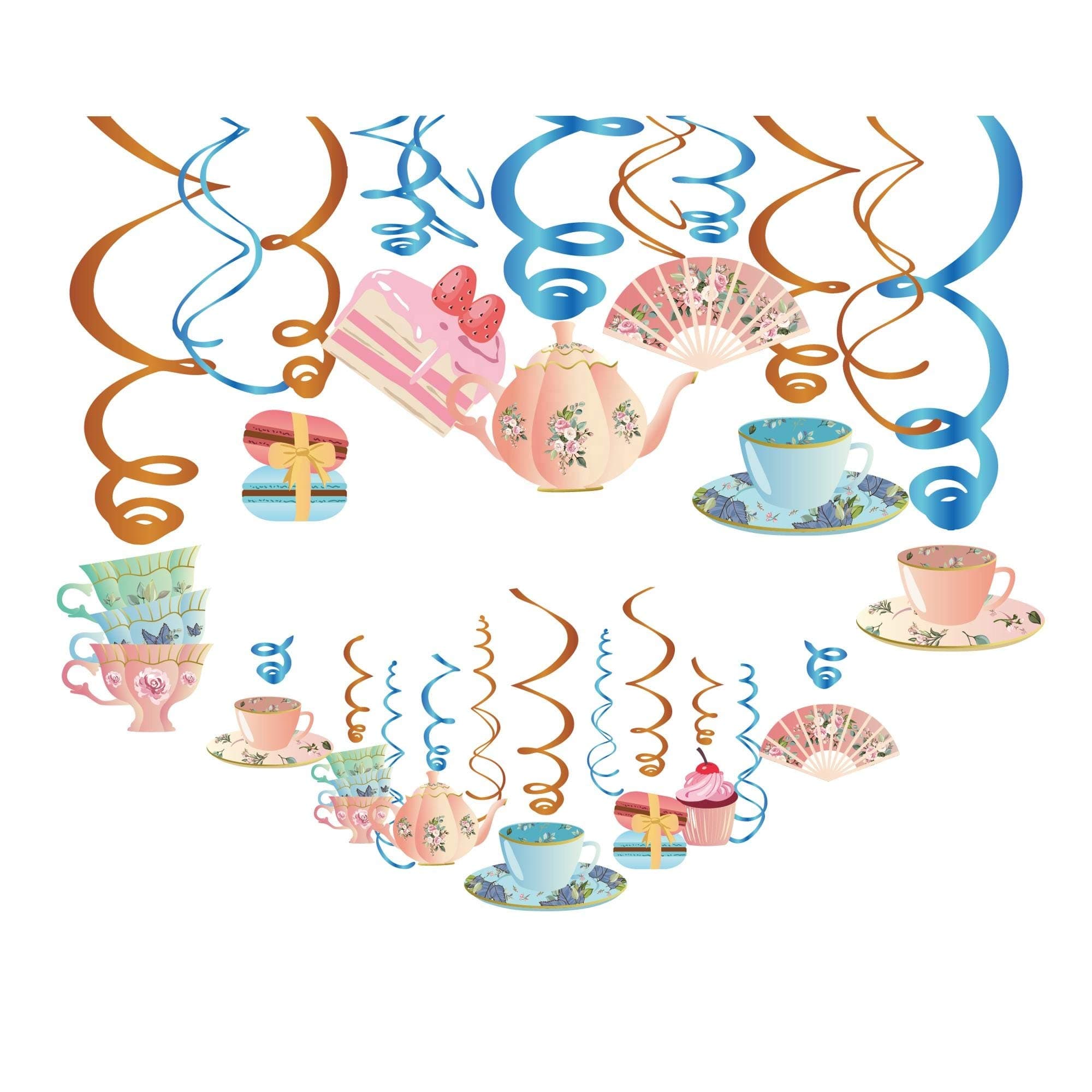 KRISTIN PARADISE30Ct Tea Time Hanging Swirl Decorations, English Tea Ceremony Party Supplies, Alice in Wonderland Birthday Theme Vintage Floral Decor for Boy Girl Baby Shower, Teacup Teapot Favors