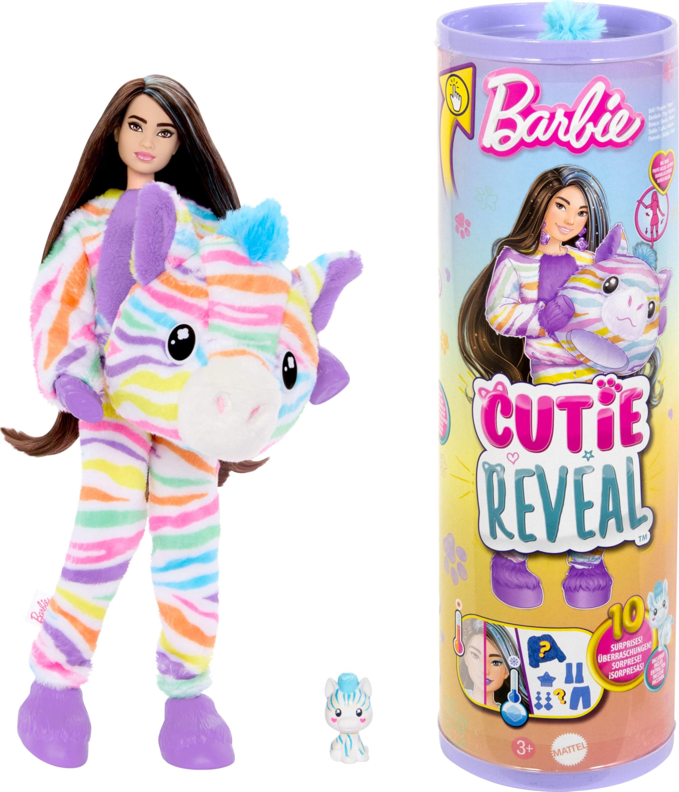 Barbie Barbie Cutie Reveal Doll and Accessories with Colourful Zebra Plush Costume and 10 Surprises Including Colour Changing, Colorful Dream Series, HRK39