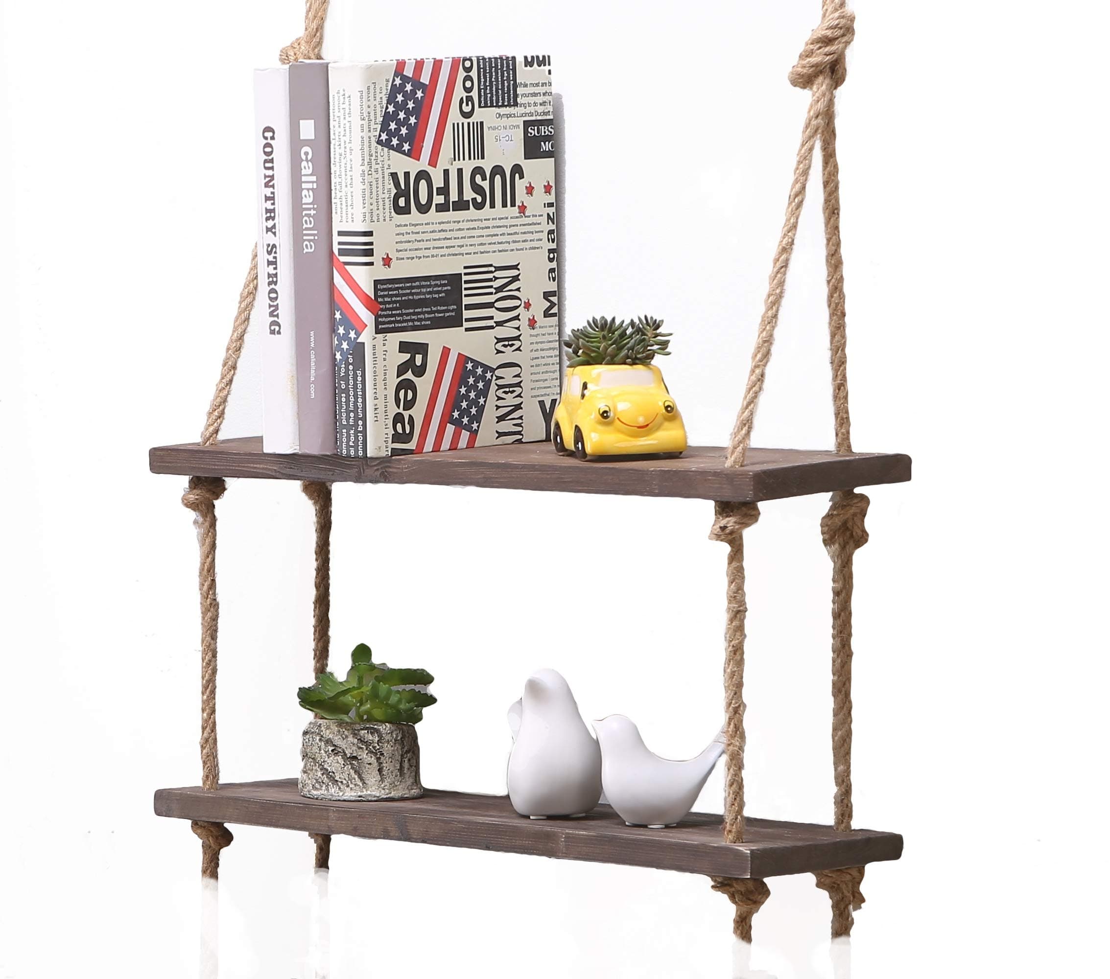 Solid Wood Wall Shelf Storage Floating Wall Shelf Rustic Vintage Wooden Rope Shelf (Dark, 2 Shelves)
