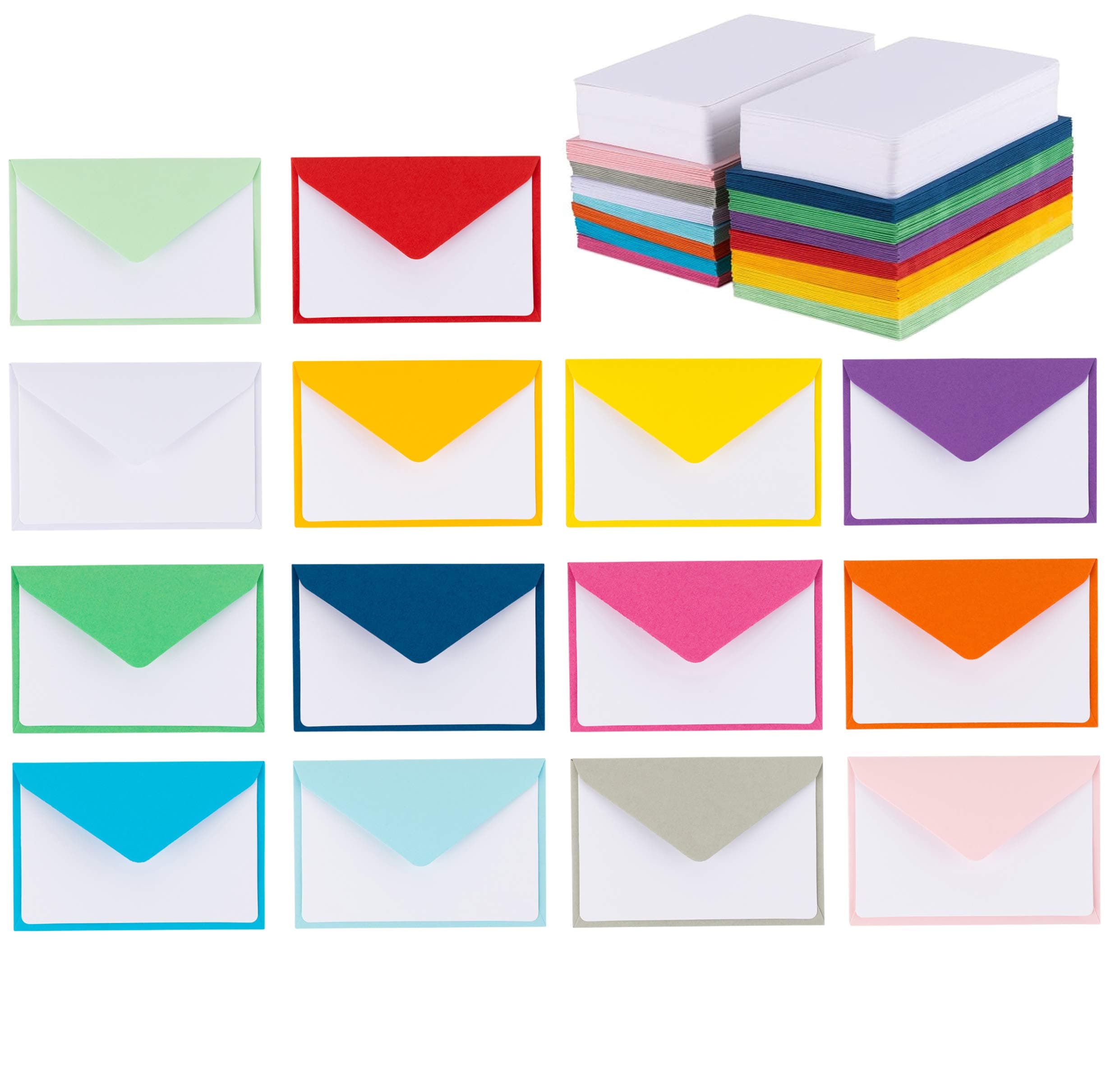 140 Mini Envelopes With White Blank Note Cards, 14 Assorted Colors 4"x 2.7" for Business and Gift Cards