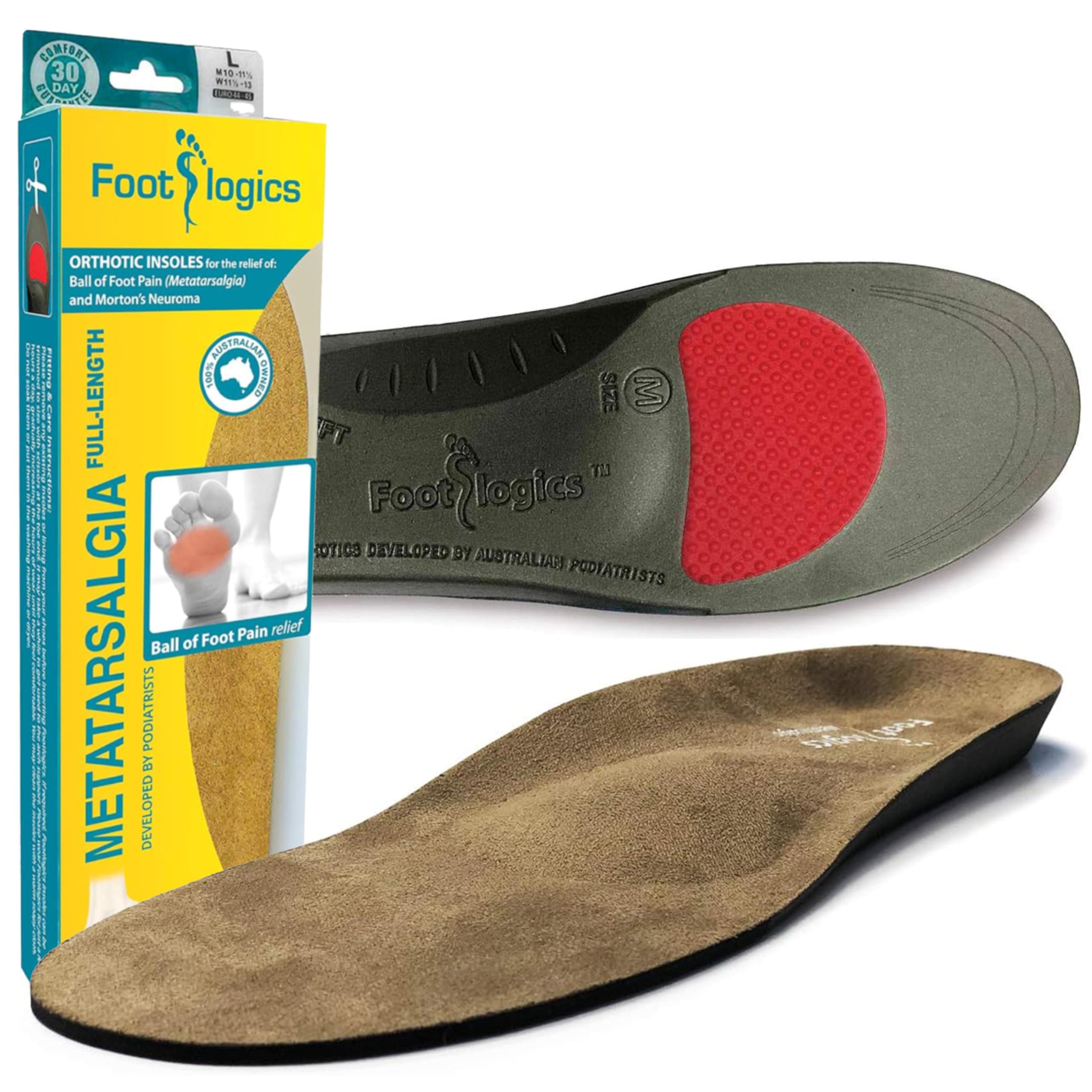 Footlogics Full-Length Orthotic Shoe Insoles with Built-in Raise for Ball of Foot Pain, Morton’s Neuroma, Flat Feet - Metatarsalgia, Pair (Large)