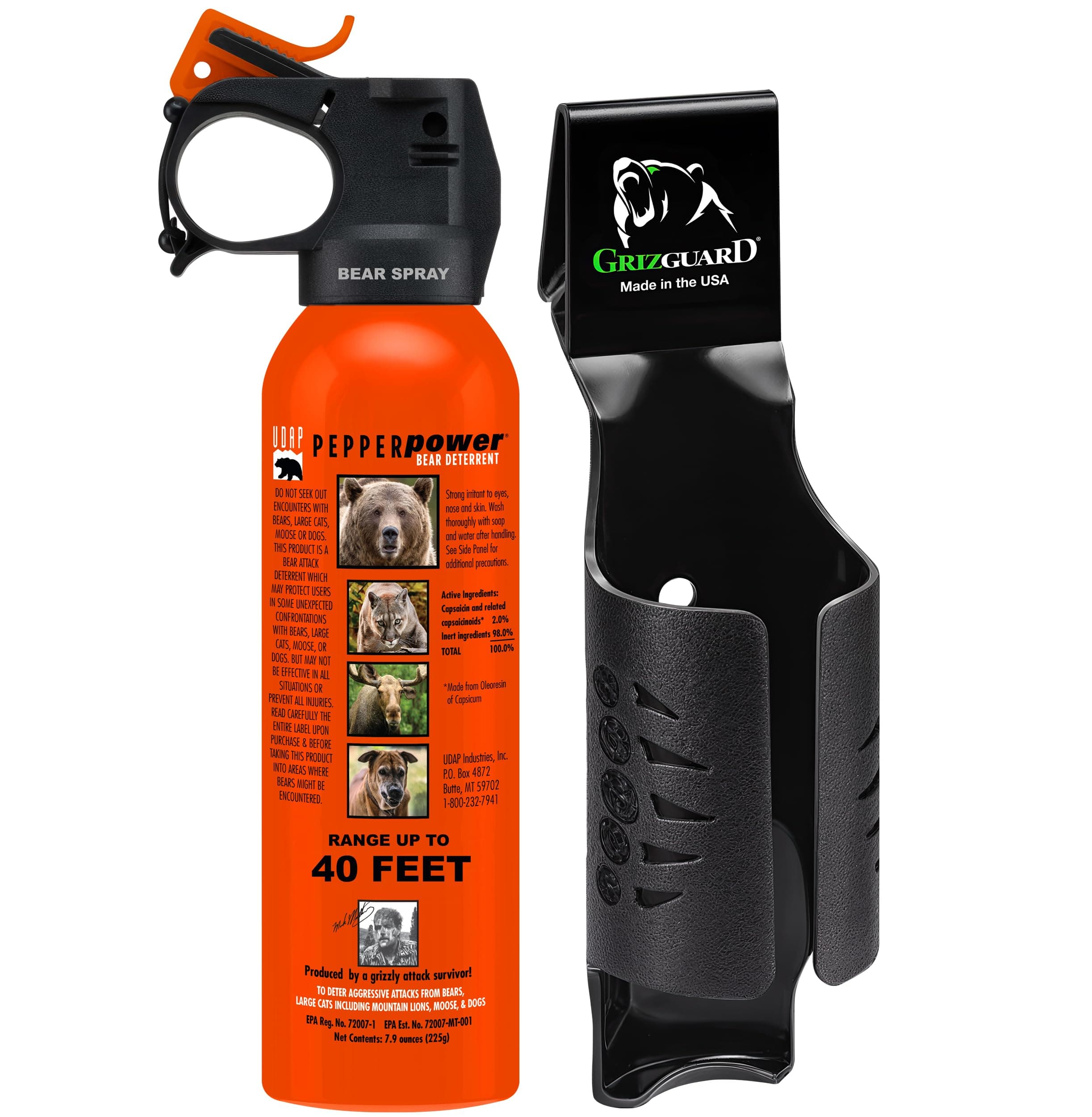 UDAP Pepper Power Bear Spray Self Defense Deterrent with Griz Guard Holster for Camping, Hiking, Fishing, Powerful Blast Pattern, 30 ft Fog Barrier, 12SO, 7.9 oz