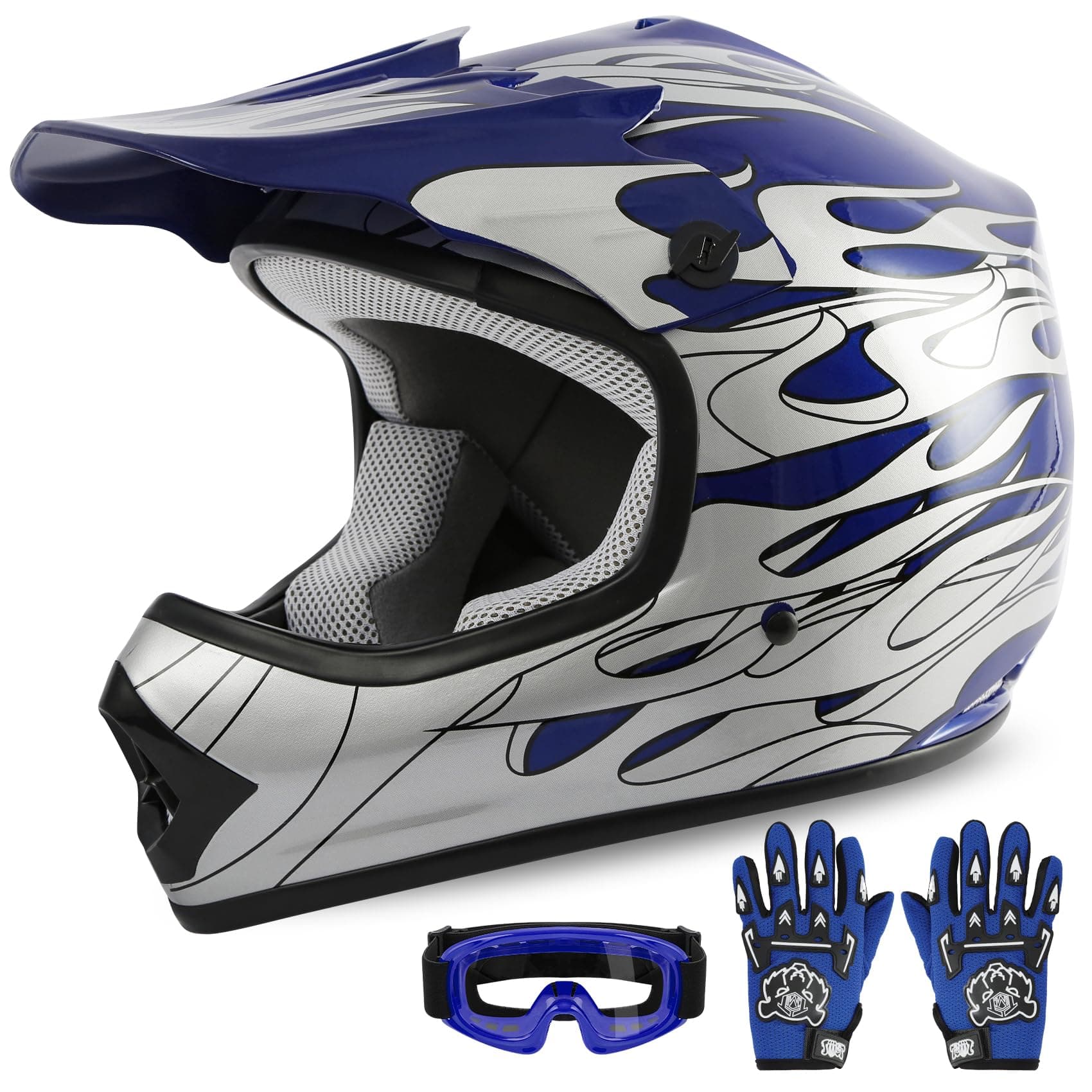 XFMT DOT Youth Kids Dirt Bike Helmet Full Face Motocross Helmets for Off-Road ATV Street Bike Four Wheeler Motorcycle with Goggles & Gloves, Blue Flame Small