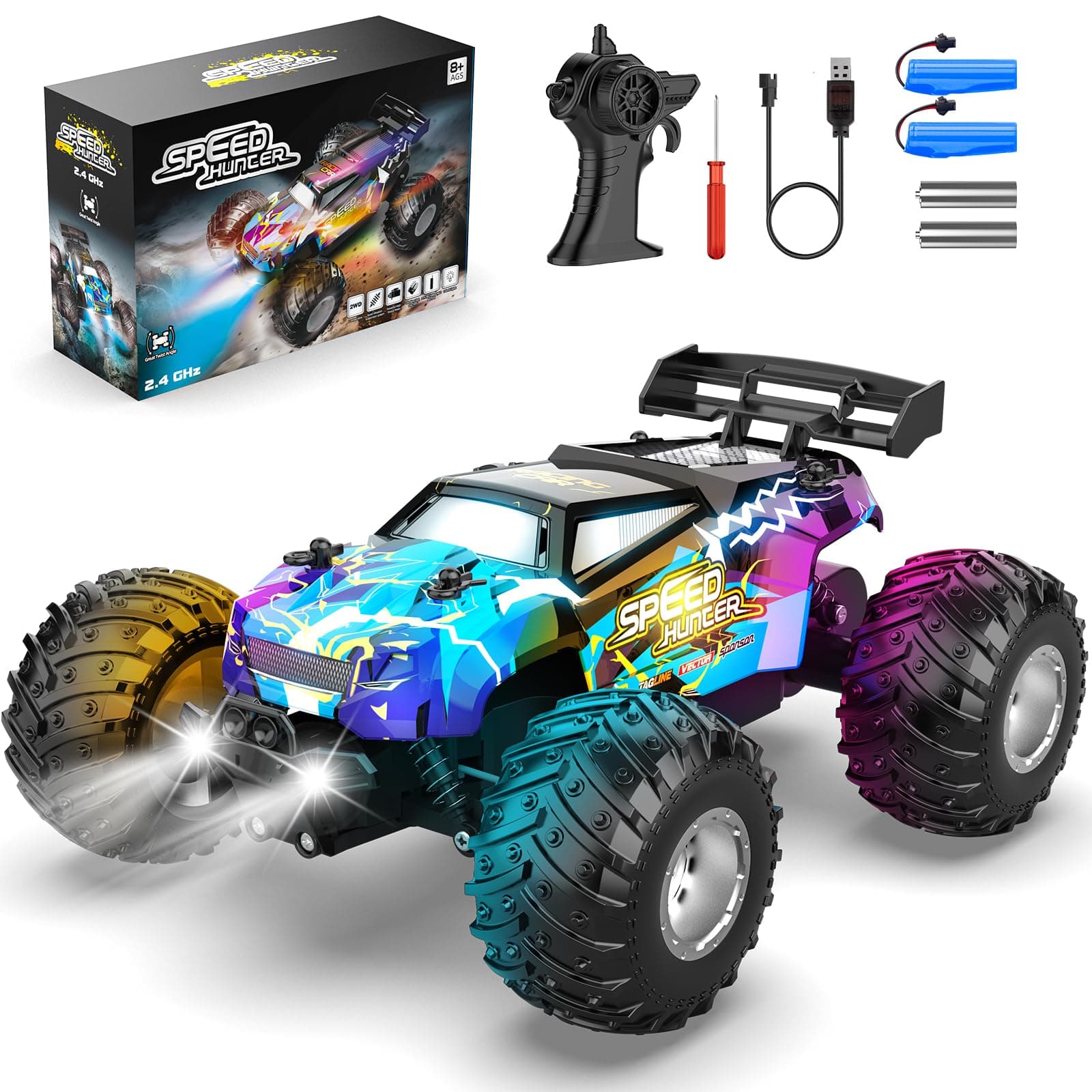 Remote Control Car, All Terrain Remote Control Truck for Boy, 2.4GHz Rc Car with Bodylight and Two Rechargeable Batteries, 20KM/H Monster Truck Toys