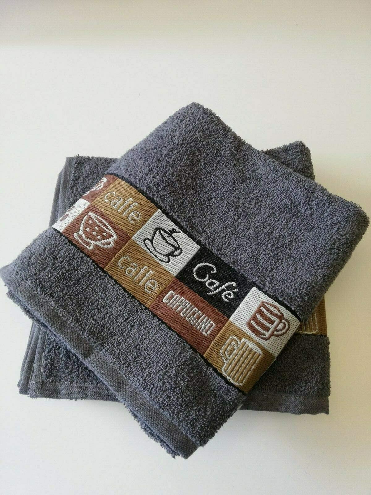 Sue Rossi LtdPack of 3 Luxury Cafe Cafe 100% Cotton Embroidered Hand Kitchen Tea Towels (grey)