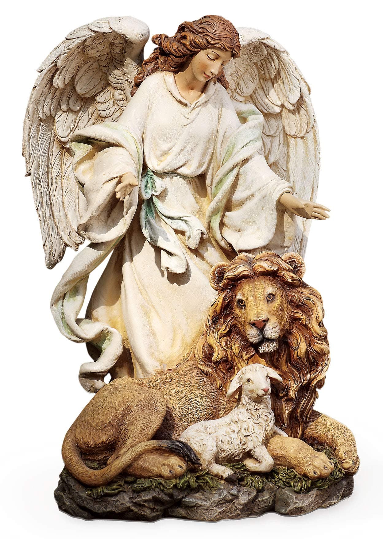 by Roman - Guardian Angel with Lion and Lamb Figure on Base, Renaissance Collection, 9.25" H, Resin and Stone, Religious Gift, Decoration