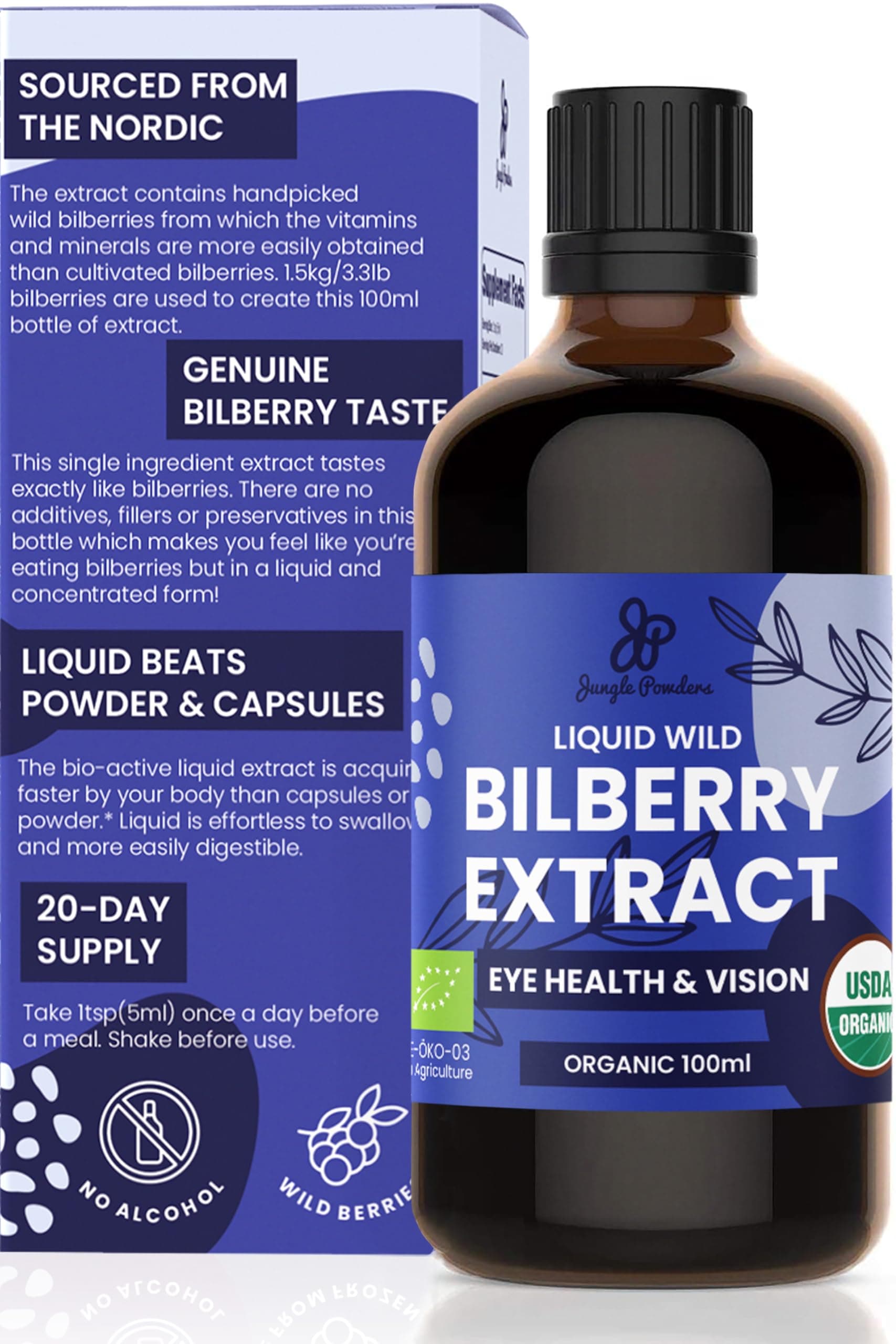 Wild Bilberry Extract for Eyes USDA Organic 3.4oz Bottle of Liquid Bilberry Anthocyanin Alcohol-Free European Blueberry Bilberry Supplement for Eyes High Bioavailability Liquid Extract