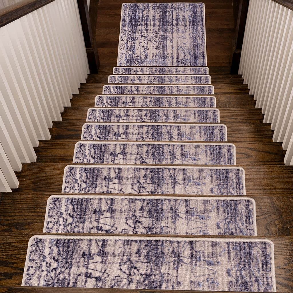 Benissimo, 13+1 Stair Treads Carpet with Landing Slip Resistant Stair Rugs, Cotton, Set of 13 (9"x32") + 1 (31"x31") Runner for Indoor Wooden Steps, Printed Design, Deep Ocean