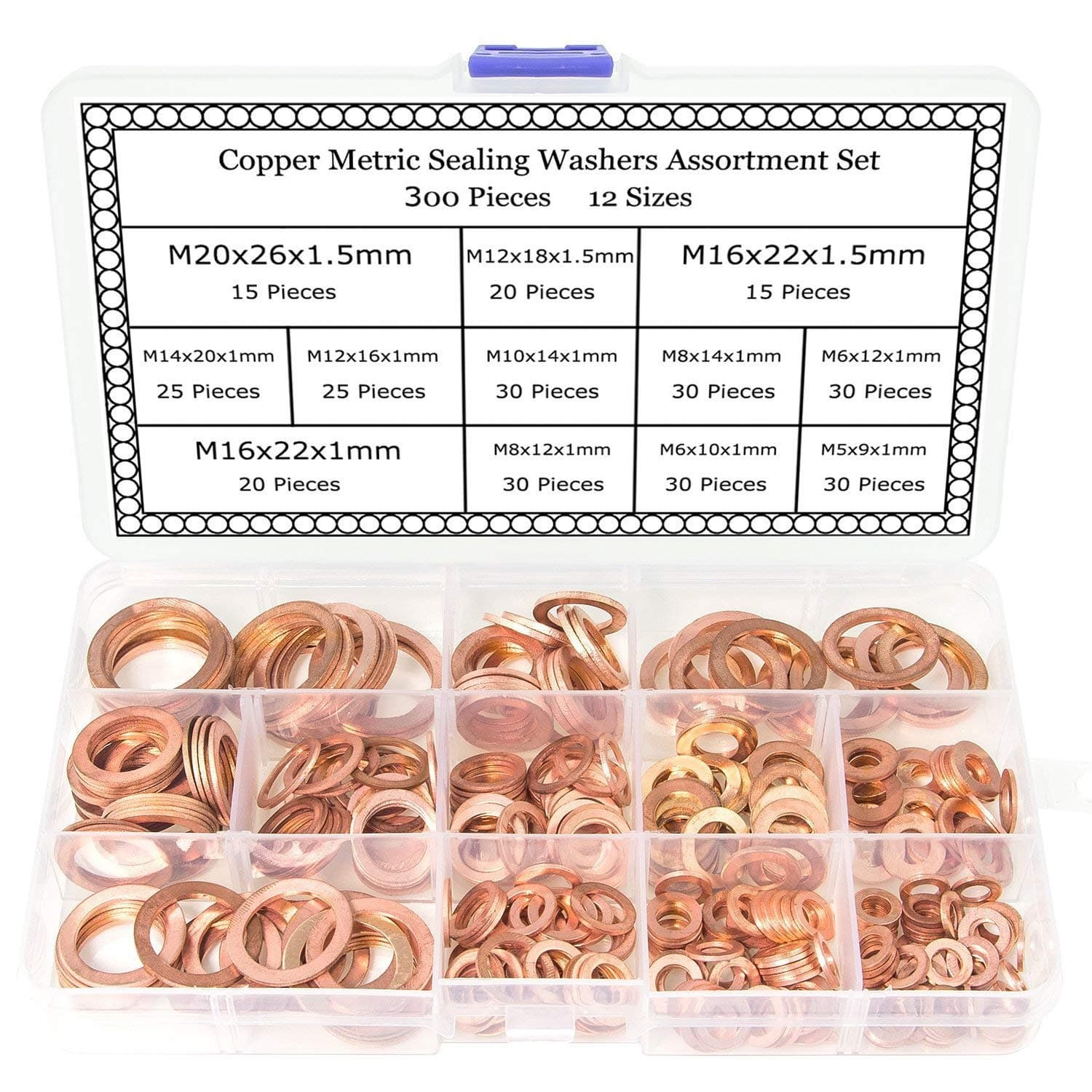 300Pcs 12 Sizes Copper Metric Flat Washers Assortment Set