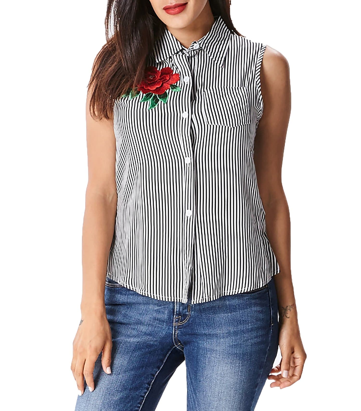 in2you Botton Down Stripe Sleeveless top with Rose Floral Embroidered Patch (Small)