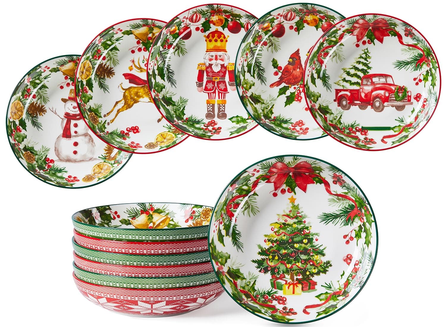 Christmas Pasta Bowls, Ceramic Salad Serving Bowl Set, 8 Inch Wide and Shallow Dinner Bowl Plate for Kitchen, Dishwasher and Microwave Safe, Set of 6