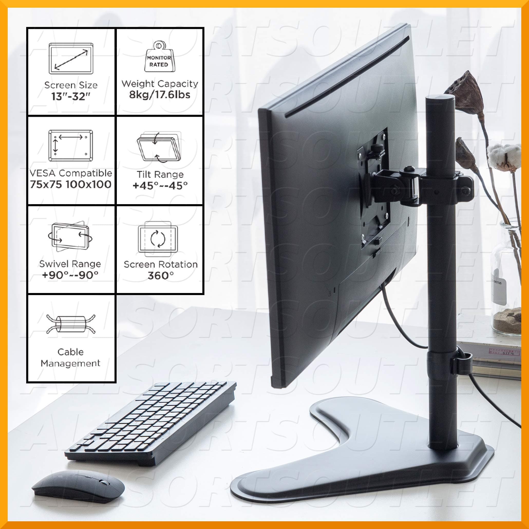 ALLSORTSOUTLET Computer Monitor Stand Universal Fit (VESA) Heavy Duty Free Standing Single Desktop LCD LED Desk Mount Bracket Tilt Swivel Rotate for up to 32" Screens