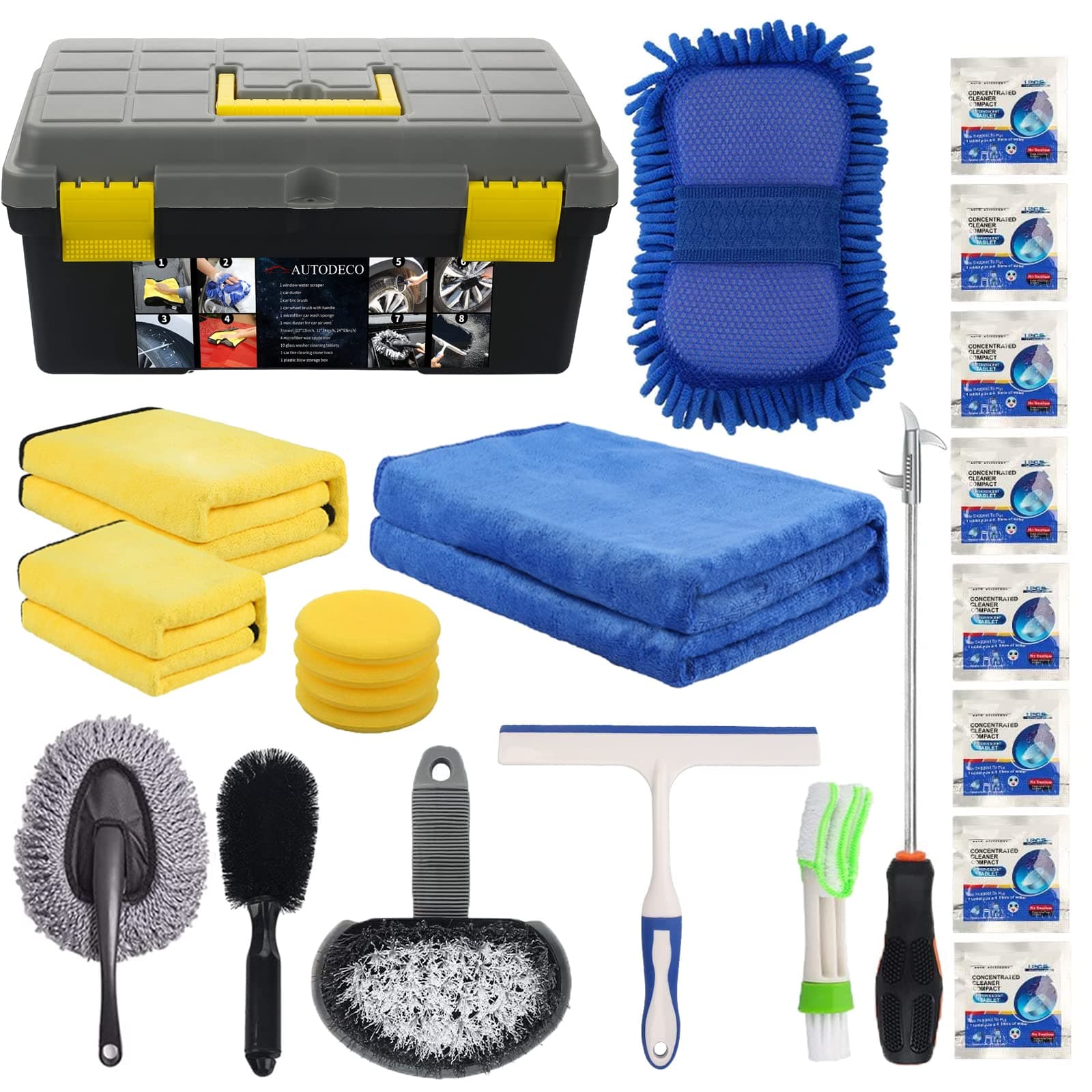 AUTODECO25Pcs Microfibre Car Wash Cleaning Tools Set Gloves Towels Applicator Pads Sponge Car Care Kit Wheel Brush Car Cleaning Kit with Storage Box Black Grey Yellow Handle