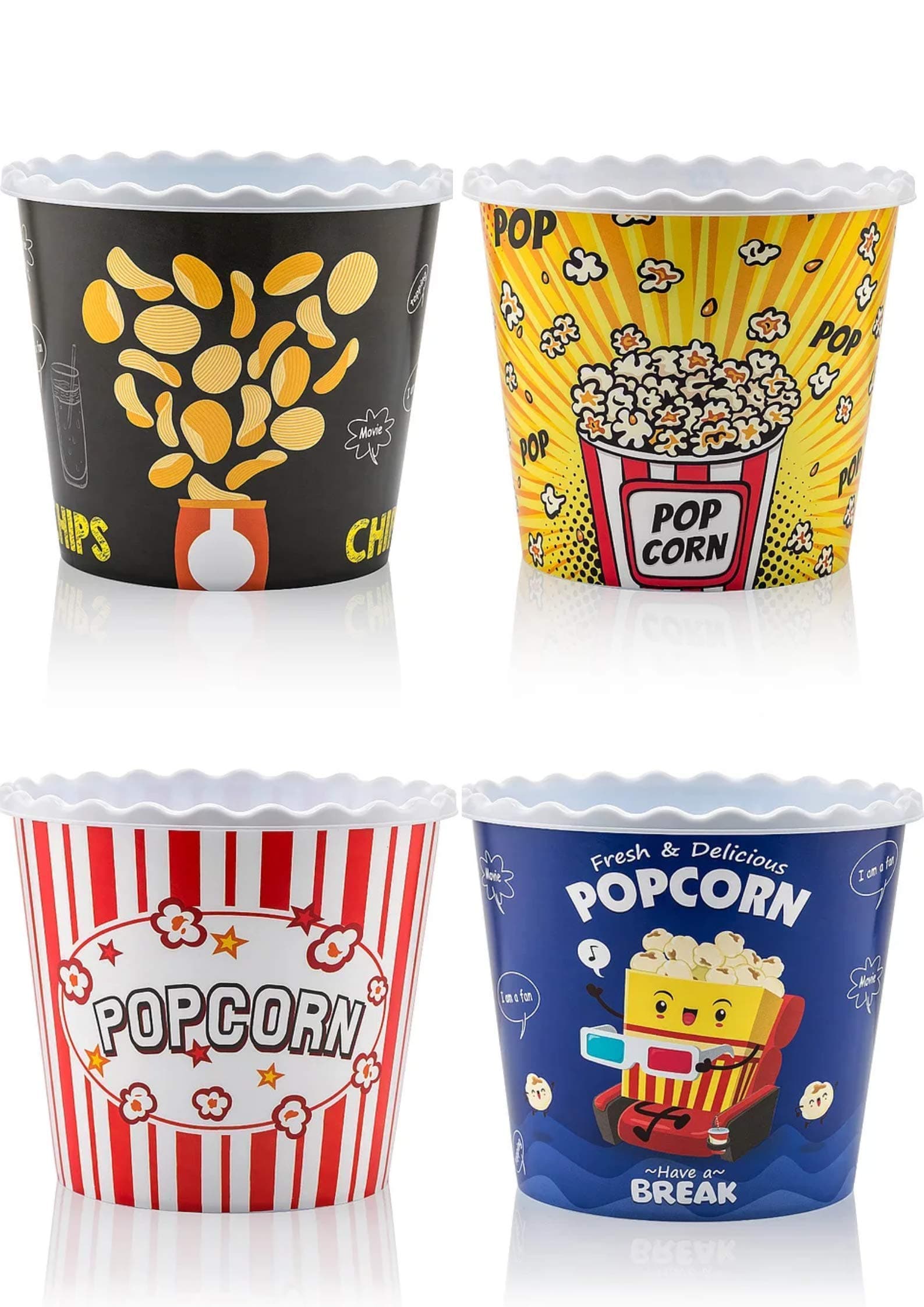 Modern Style Reusable Plastic Popcorn Containers / Popcorn Bowls Set for Movie Theater Night - Washable in the Dishwasher - (BPA Free-4 Pack) (Color: Yellow, Brown, Red/White and Blue Popcorn Boxes)