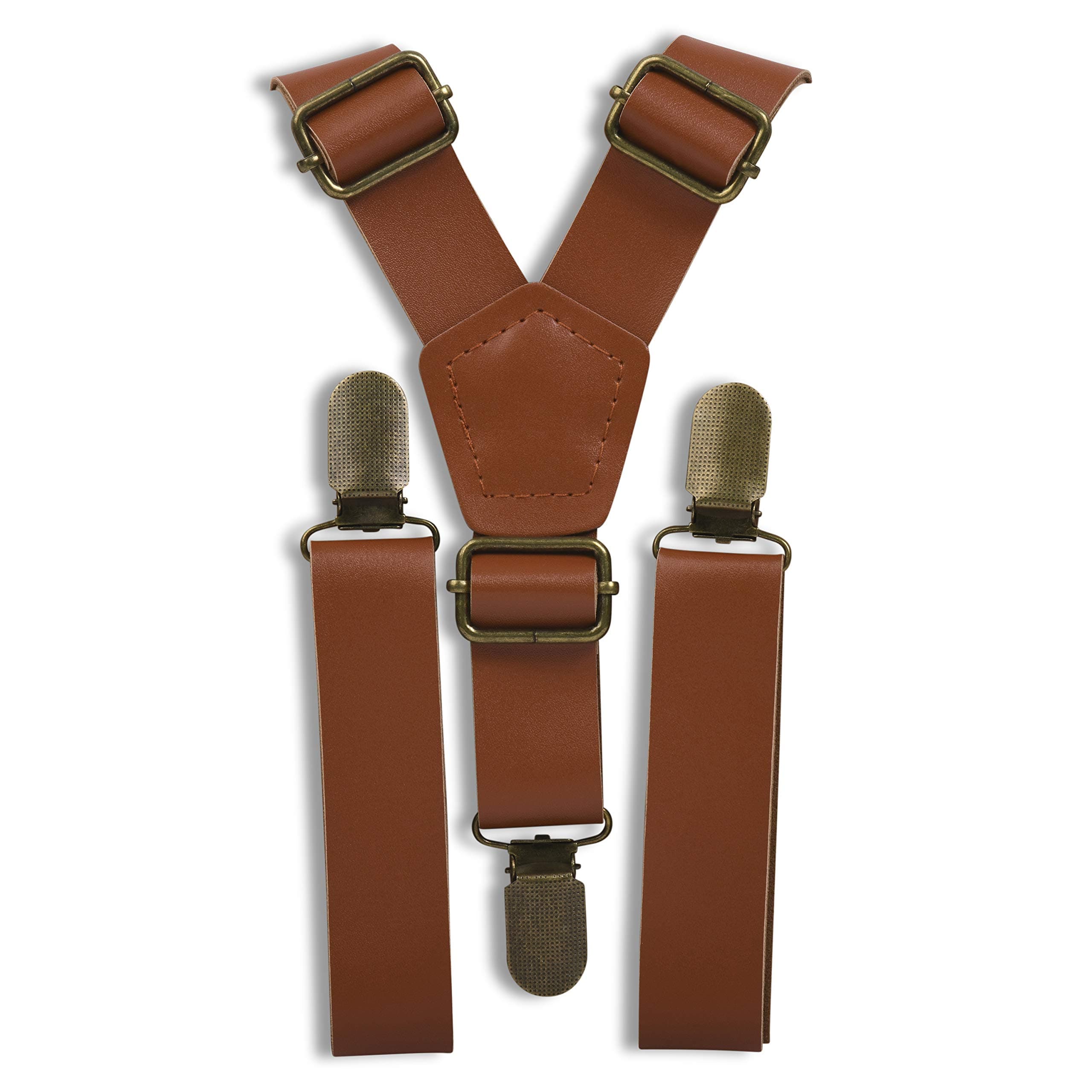 London Jae ApparelBrown Faux Suspenders for Men, Boys & Kids - Leather Suspenders | Adjustable Leather Strap & Clips