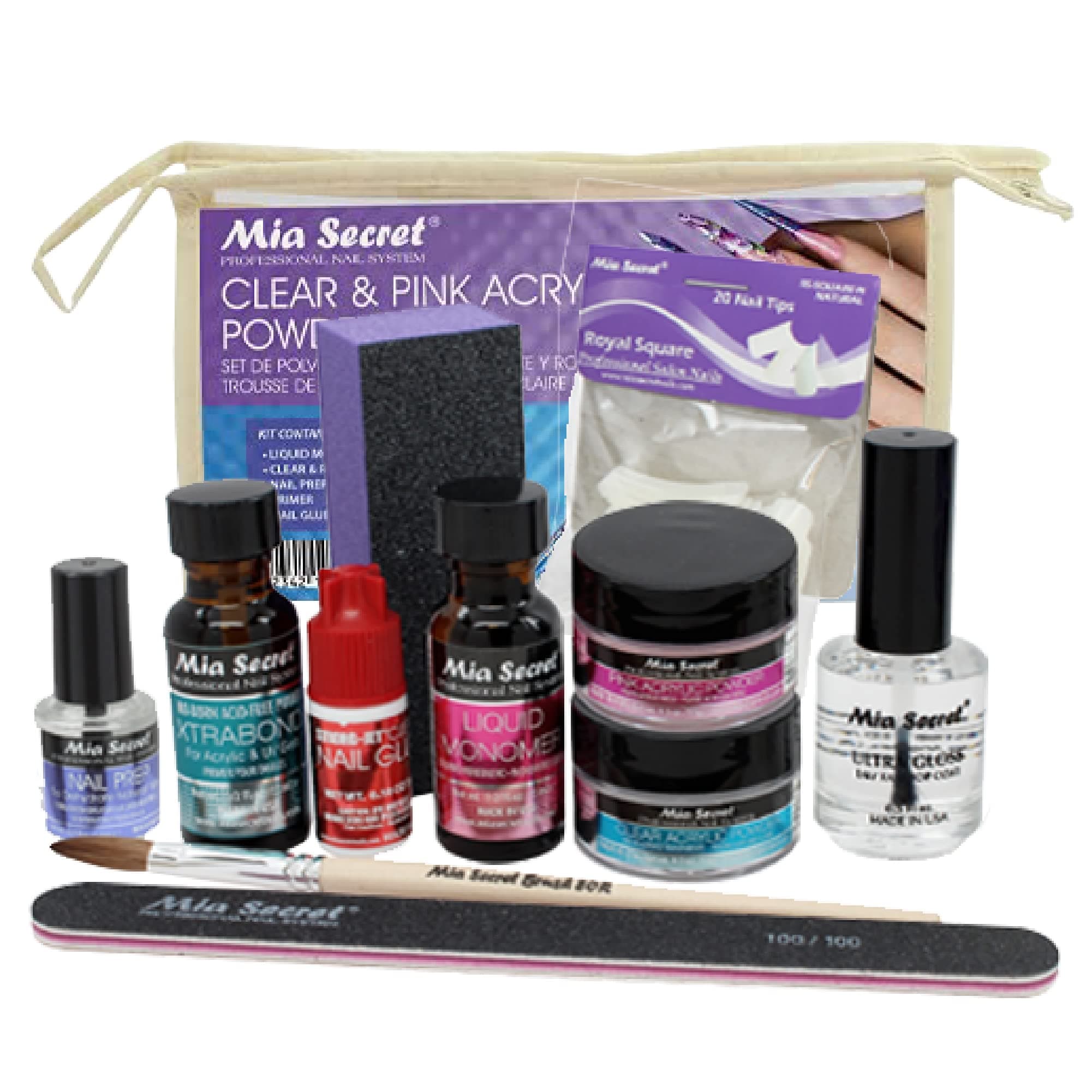Mia Secret Acrylic Nail Kit for Beginners - Pink and Clear Powder With Everything - Starter Kit de Uñas Completo