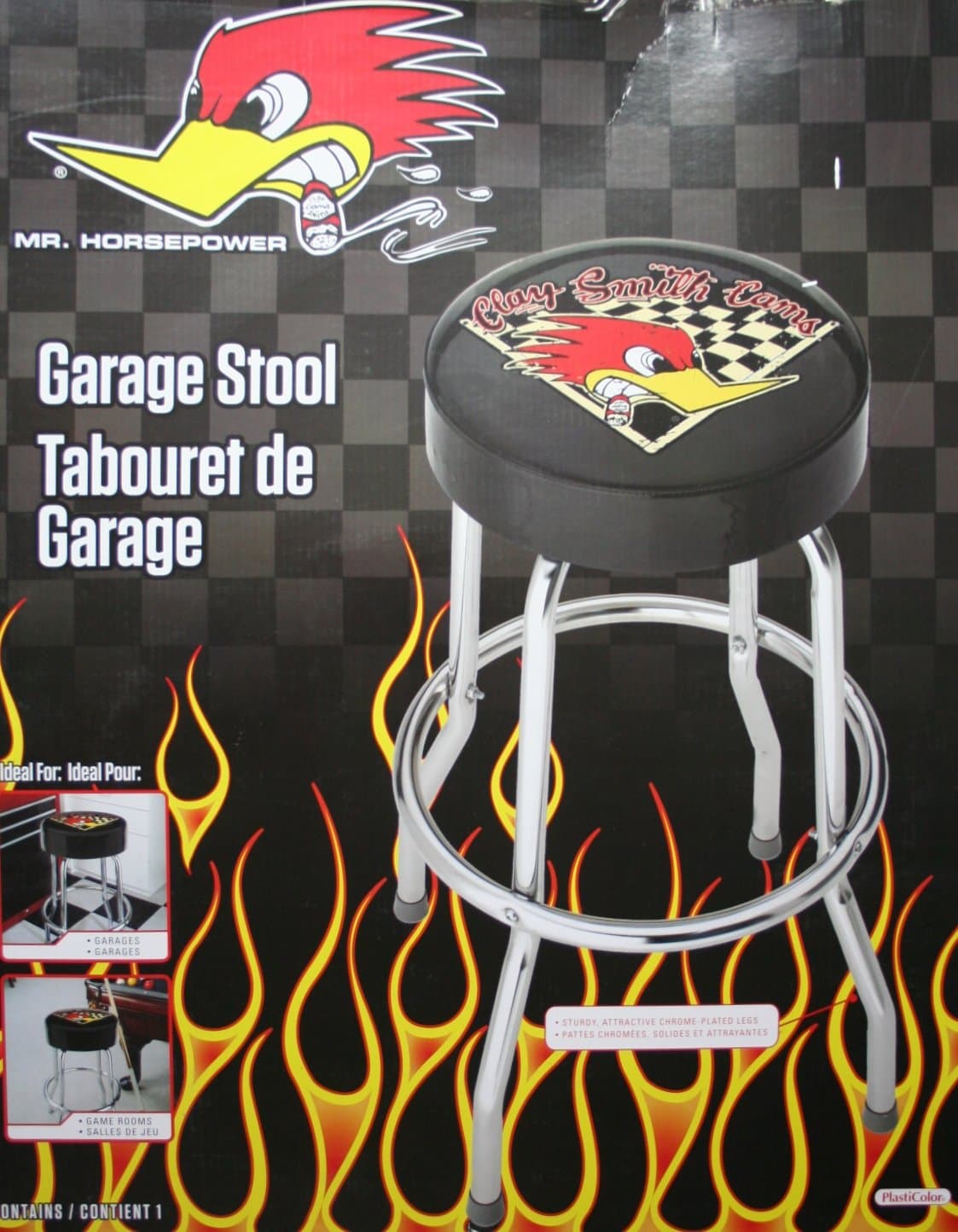 Plasticolor 004785R01 Mr. Horsepower Clay Smith Cams Logo Garage and Game Room Stool