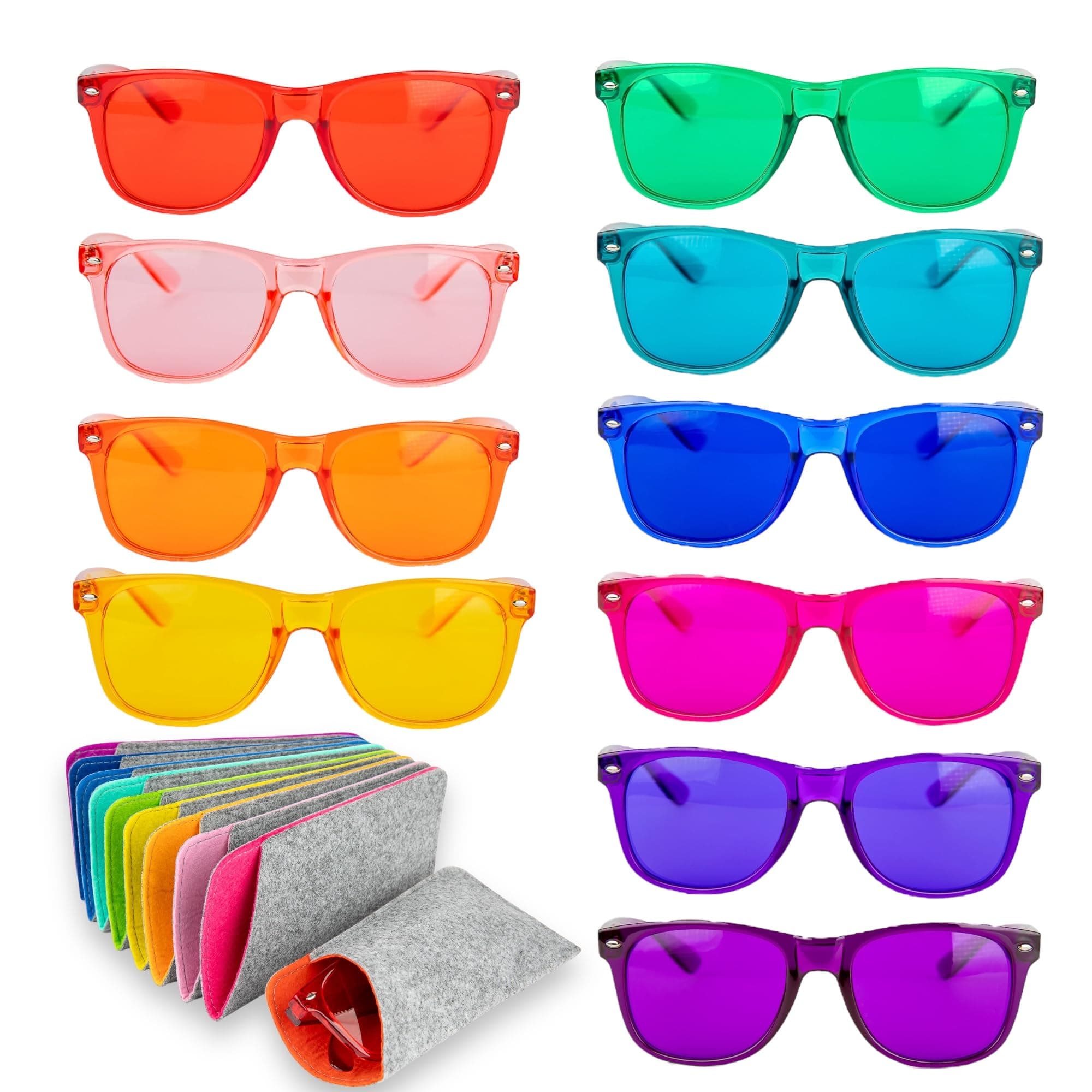 Color Therapy Glasses - Stylish Colored Chromotherapy Chakra Light Therapy Glasses Eyewear to Support Mood, Relaxation, Focus & More - Colorful Sunglasses Set of 10 with Matching Felt-Lined Pouches