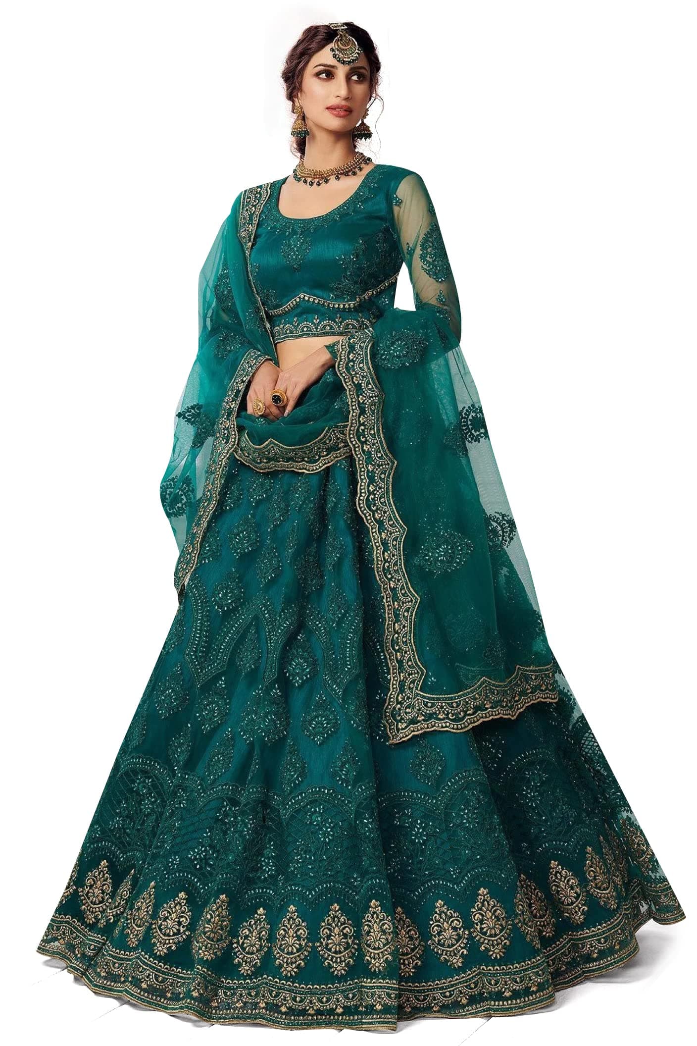 Fast Fashions Women's Chain Stitch Semi-Stitched Net Lehenga Choli (Green_FreeSize), Green, One size, Green