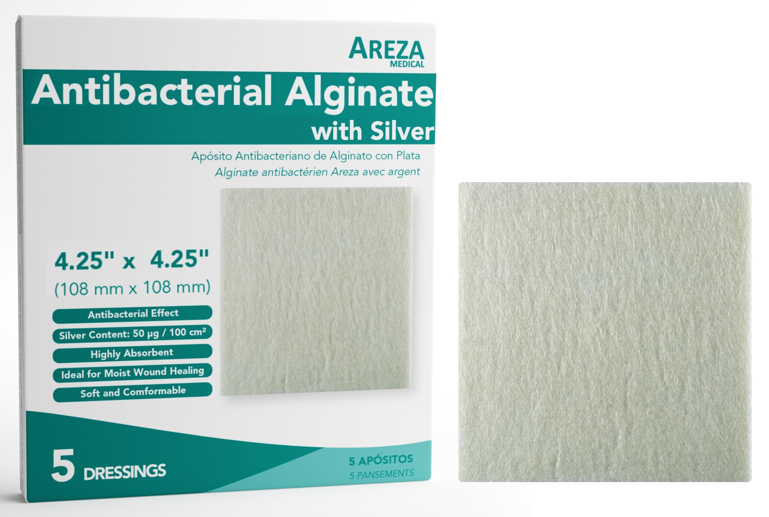 Areza Silver Calcium Alginate Antibacterial Wound Dressing Pads – Sterile, Non-Stick, Highly Absorbent; for Wound Drainage & Infection Risk (4.25″×4.25″, 5-Pack per Box), 1 Box