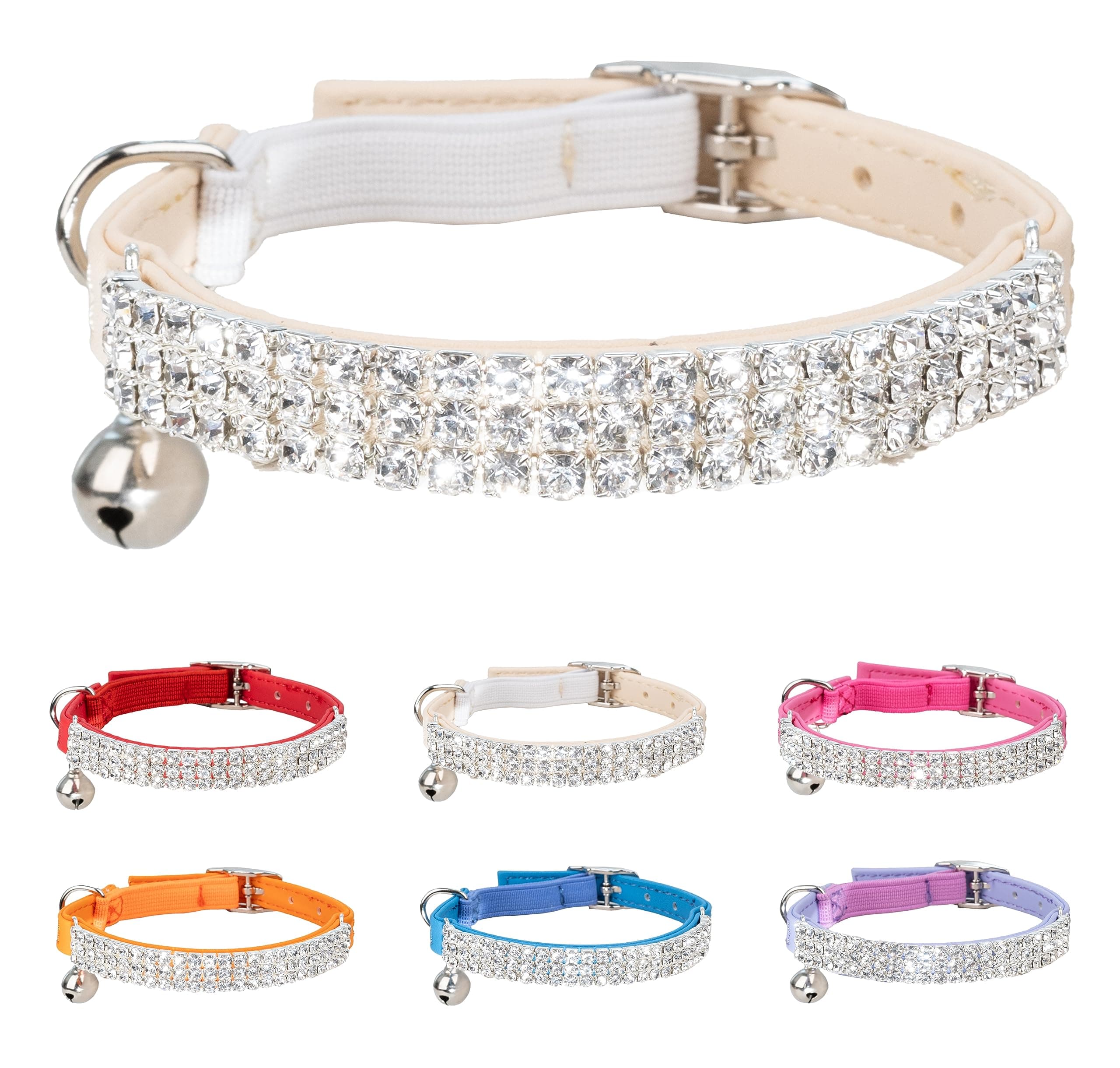 Cat Collar Rhinestone Jewelry PU Leather Adjustable with Elastic Strap Kitten Puppy Bling Diamante with Bell Girl Pet Chihuahua Teacup Beige