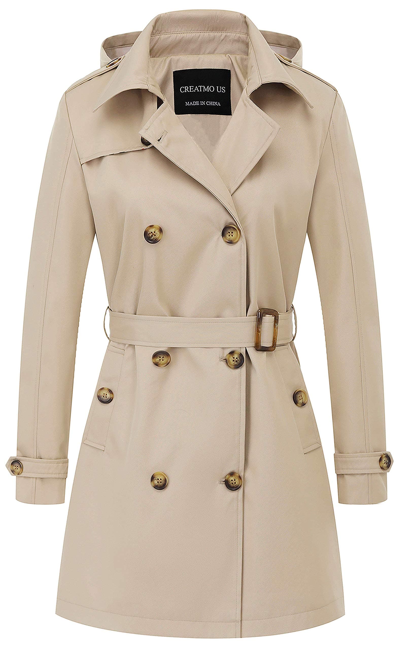 Women's Trench Coat Double-Breasted Classic Lapel Overcoat Belted Slim Outerwear Coat with Detachable Hood