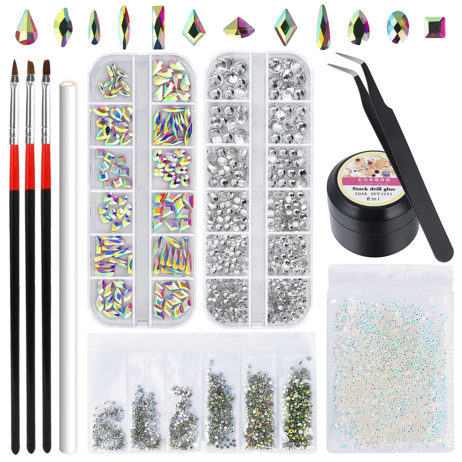 Artdone nail art Rhinestones 5000pcs+2000pcs+1728pcs+120pcs Multi Shapes Glass Crystal AB Rhinestones for nail gems with tools and nail rhinestone glue nail decoration and accessories kit.…
