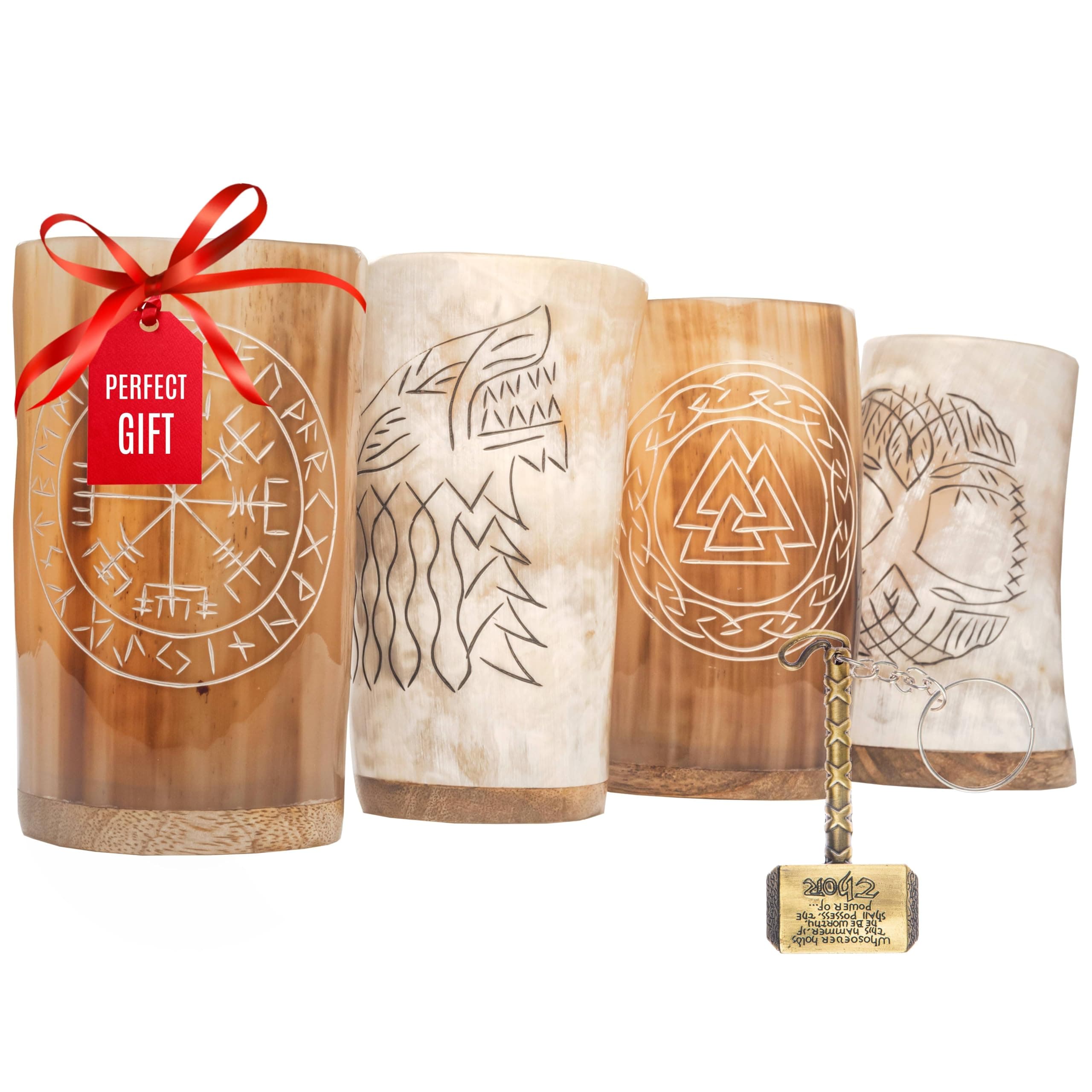 Viking Drinking Horn Mugs Set of 4, beer stein set, Natural Ox Horn Shot Glasses | 10 oz Cool Unique Tumbler, Beer Gift for Men and Women, Handmade Goblet| Medieval Stein for Ale, Mead