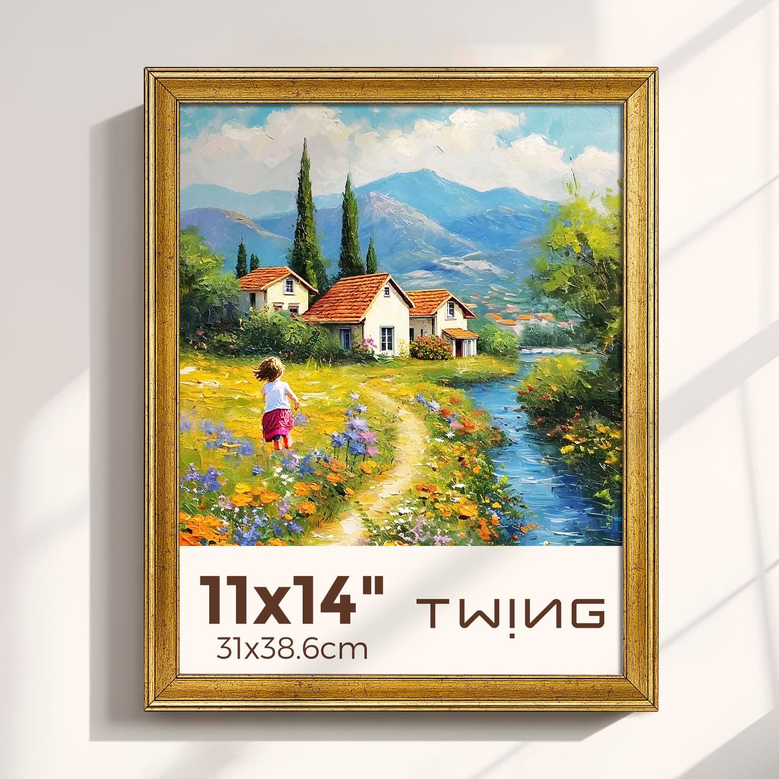 TWING 11x14 Picture Frame,Display Pictures 8x10 with Mat or 11x14 Without Mat,Ornate Picture Frames for Wall Mounting or Table Display,Rustic Gold,1 Pack