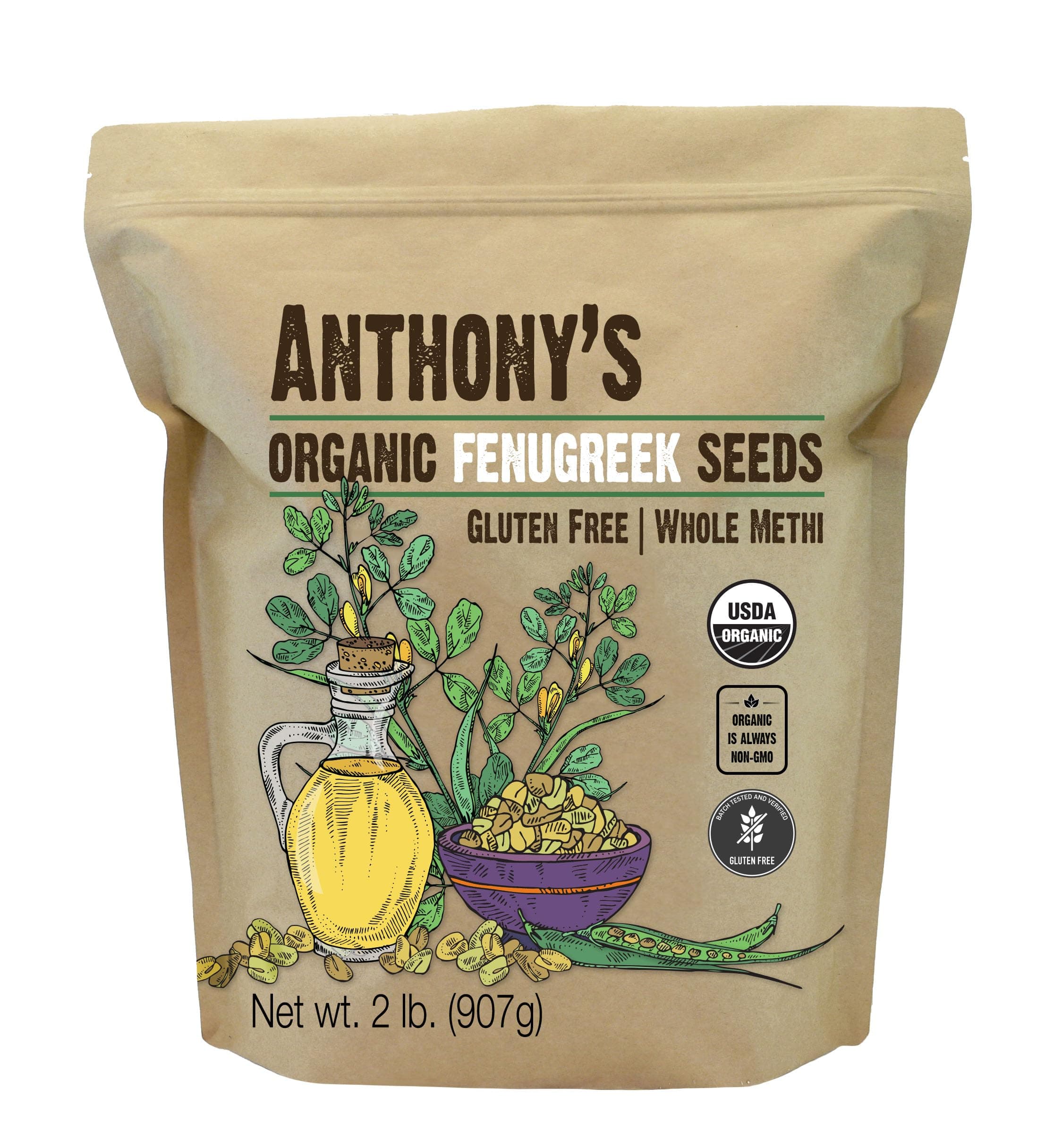 Anthony's Organic Fenugreek Seeds, 2 lb, Whole Methi Seeds, Gluten Free, Non GMO, Non Irradiated