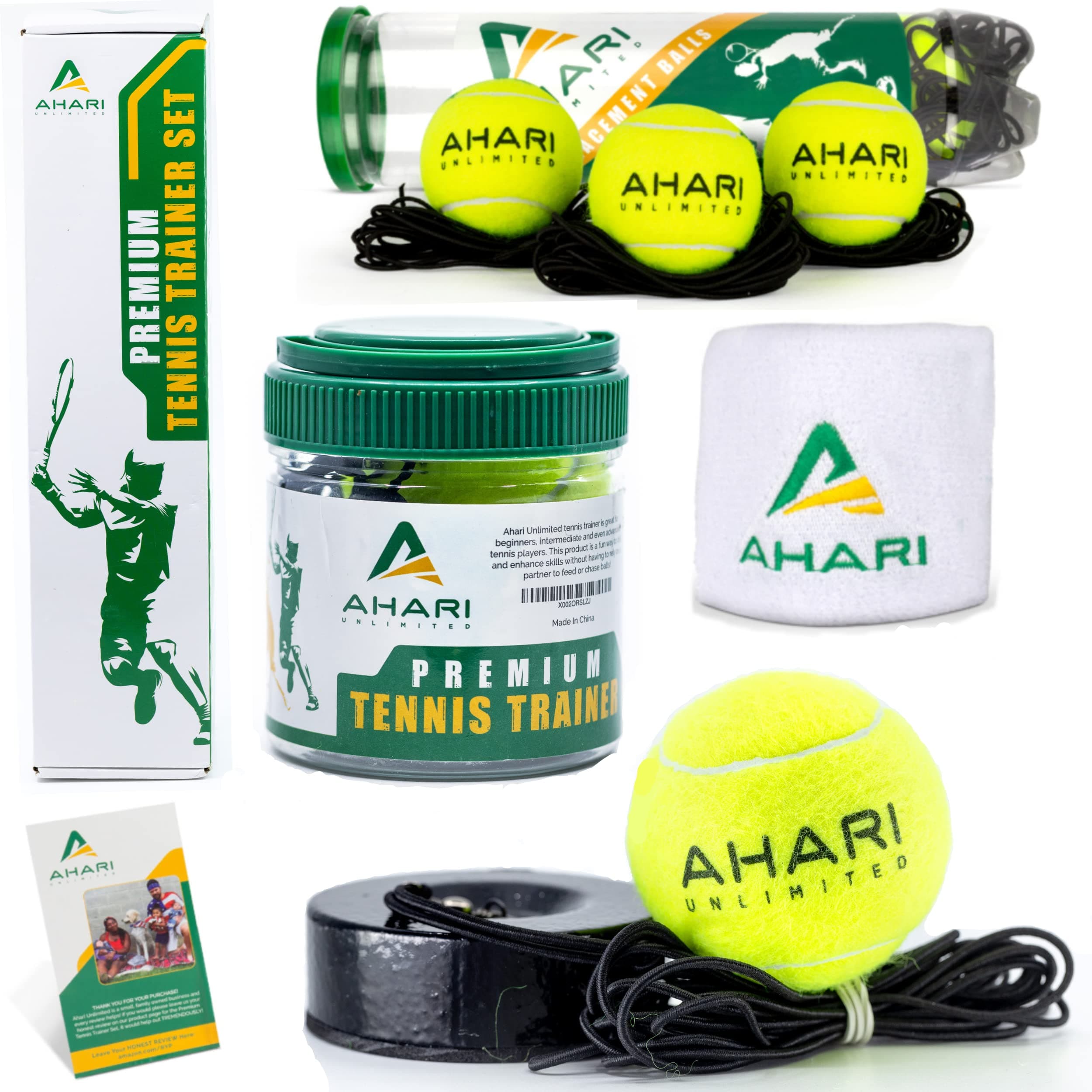 Ahari Unlimited Portable Tennis Trainer - Solo Practice Equipment With Elastic Cord, 2.05LB Heavy Iron Base, 3 Replacement Balls and Wristband